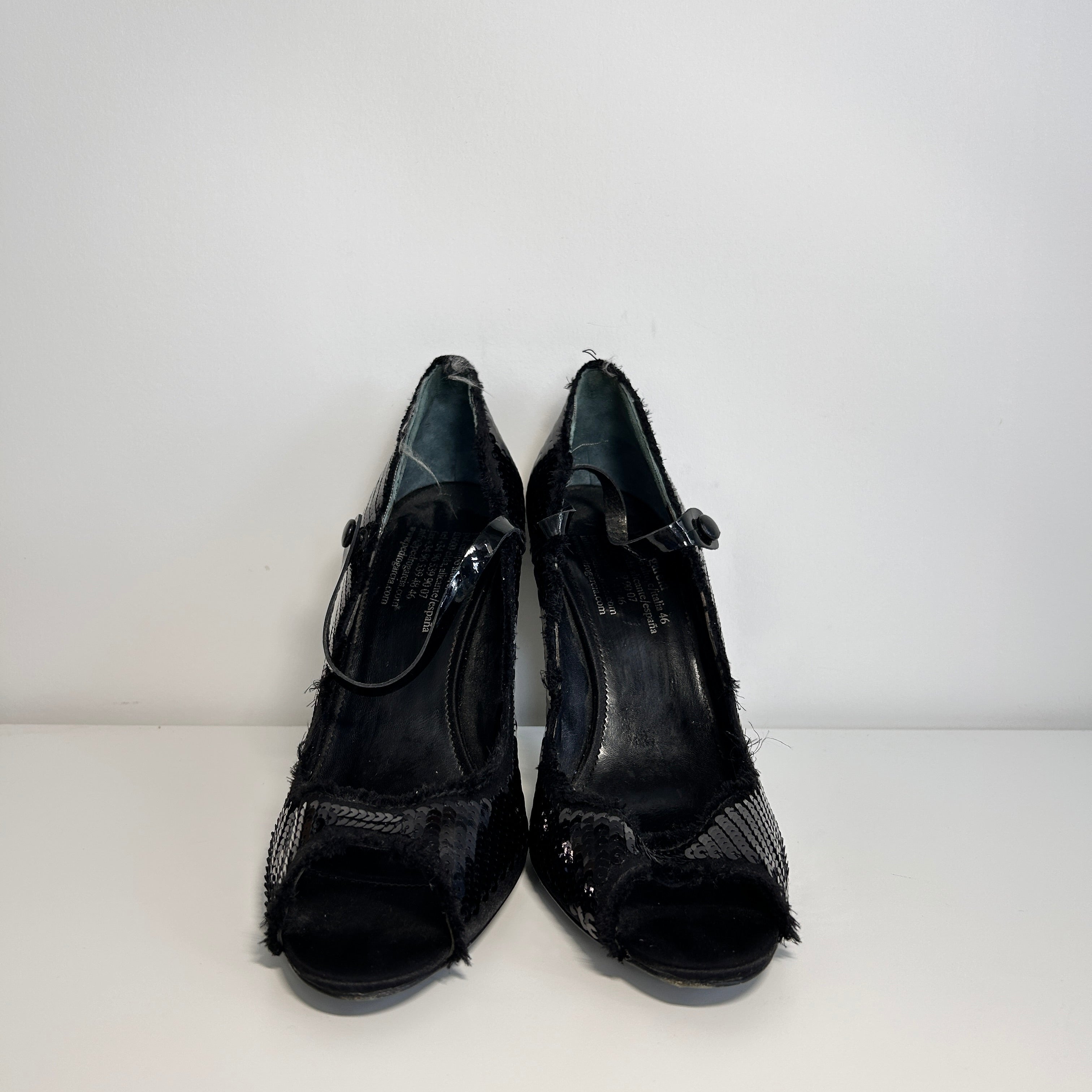 Black Leather Sequin Peeptoe Pumps