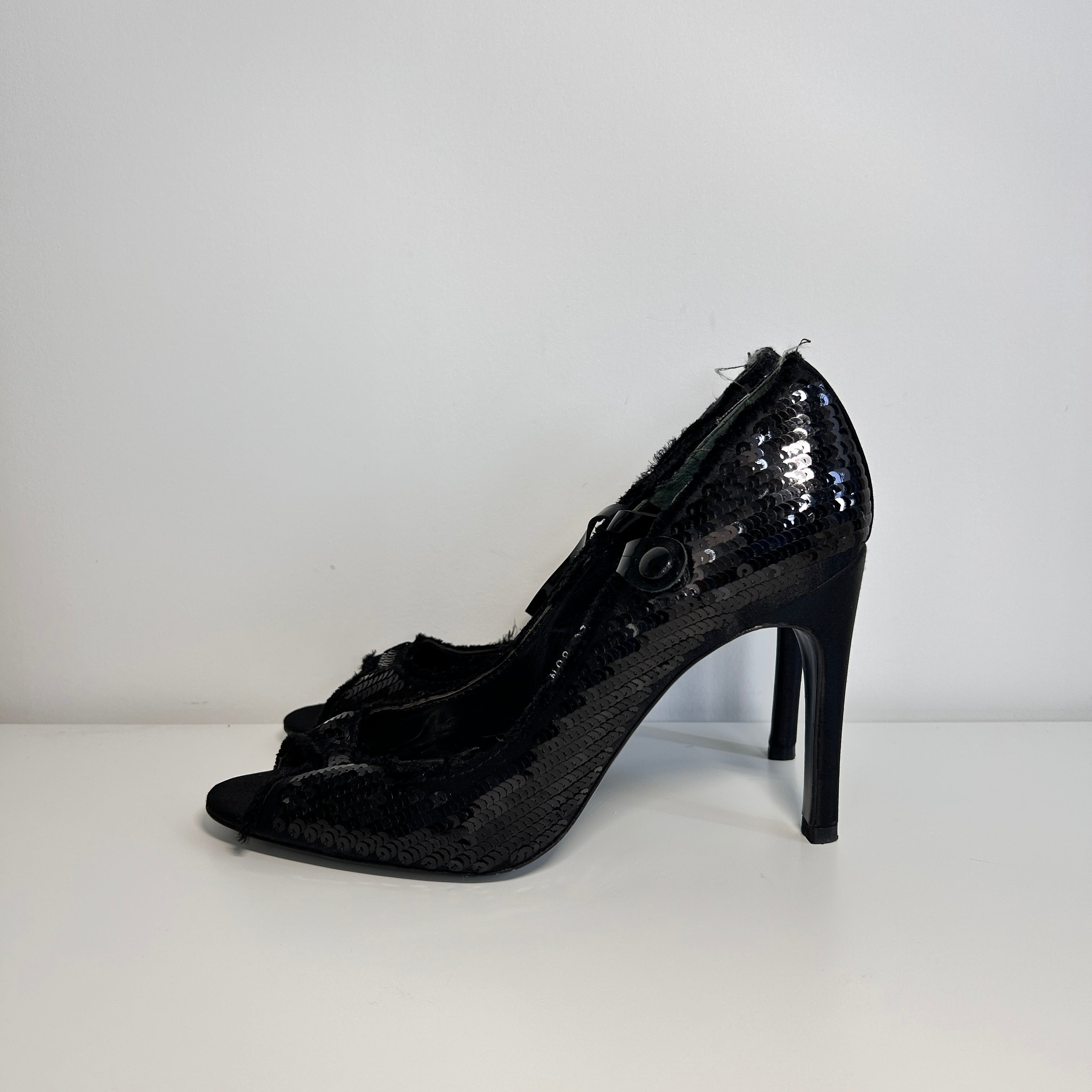 Black Leather Sequin Peeptoe Pumps