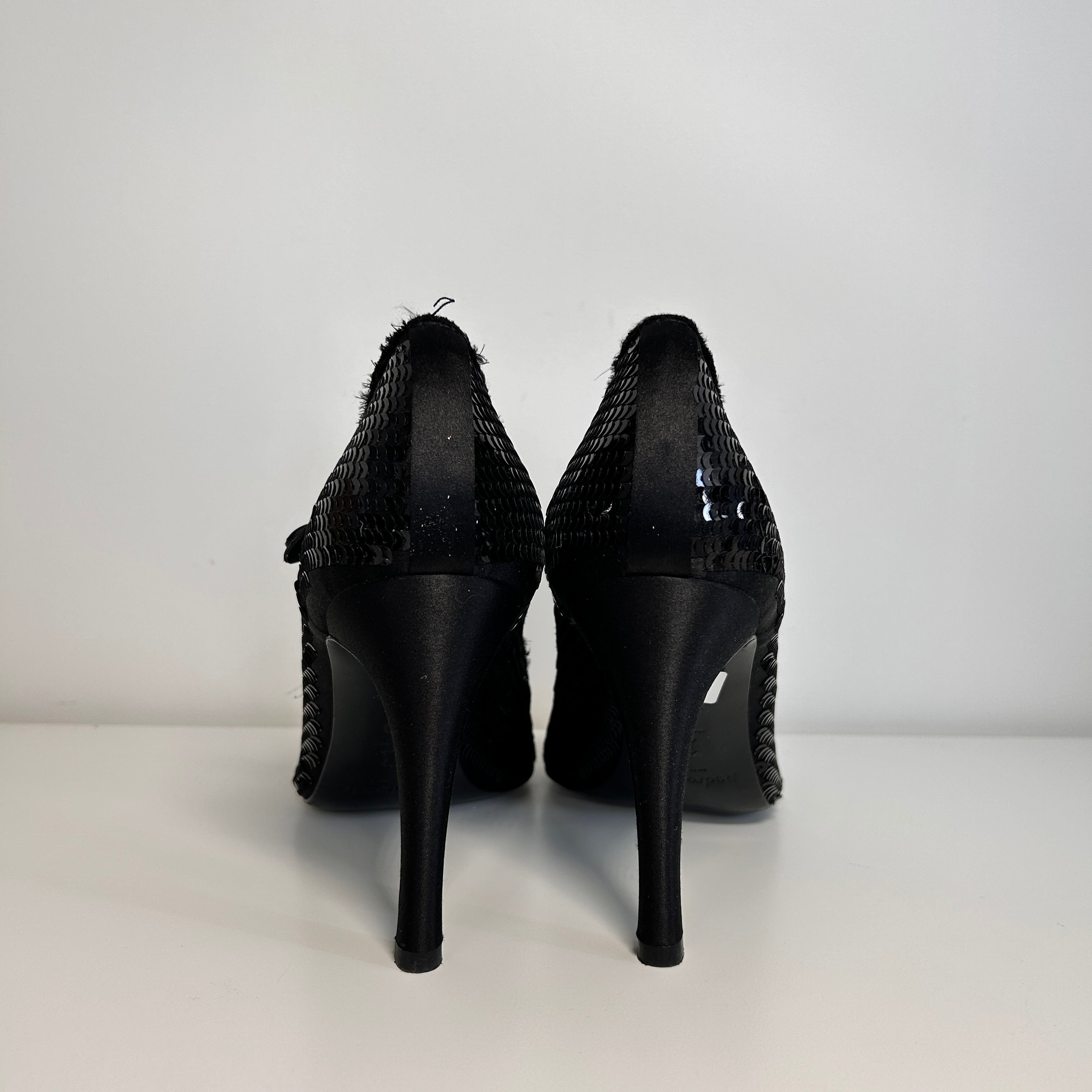 Black Leather Sequin Peeptoe Pumps