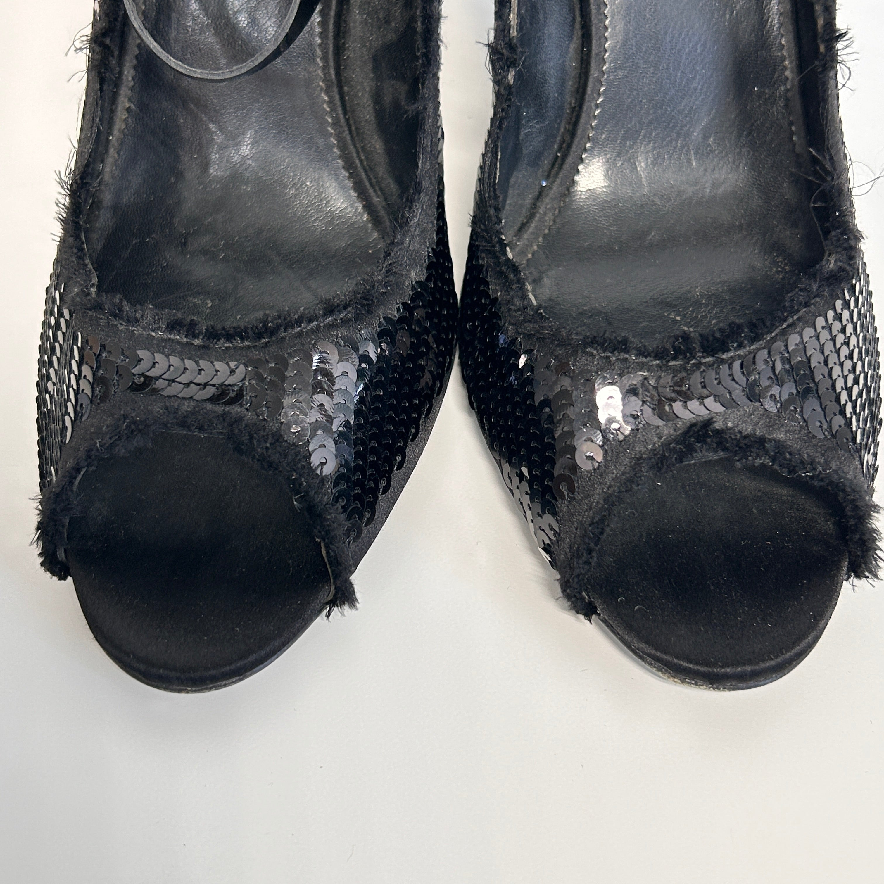 Black Leather Sequin Peeptoe Pumps