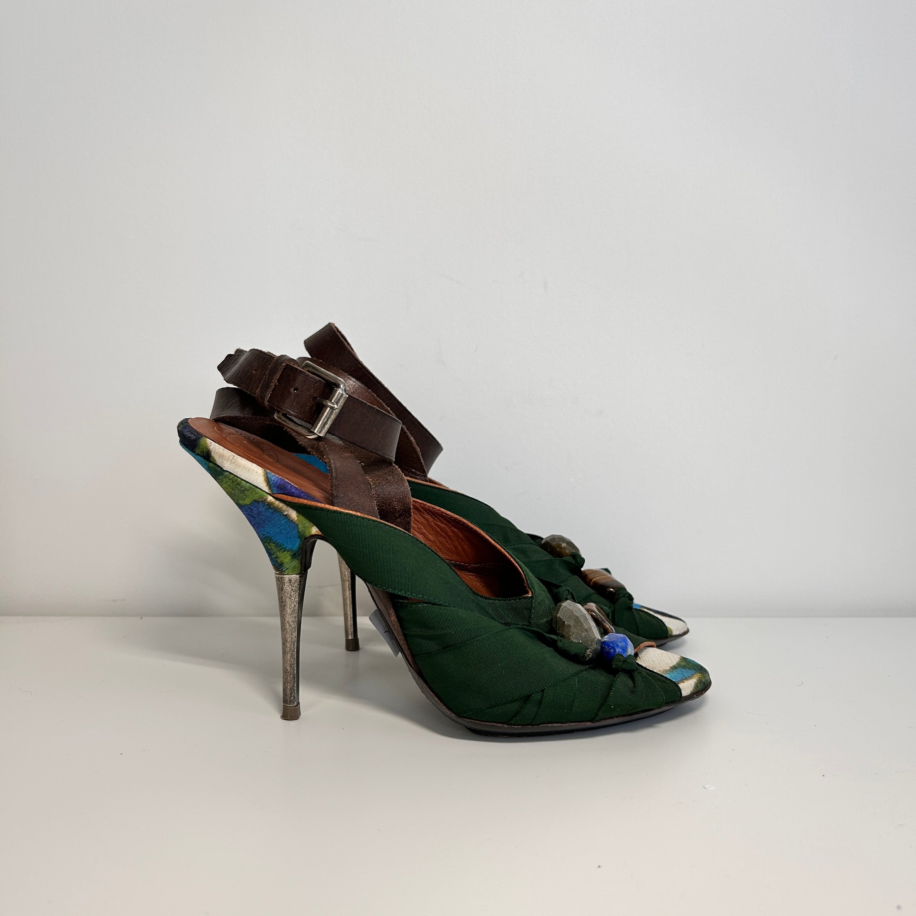 Green Satin Gemstones Embellished Heels