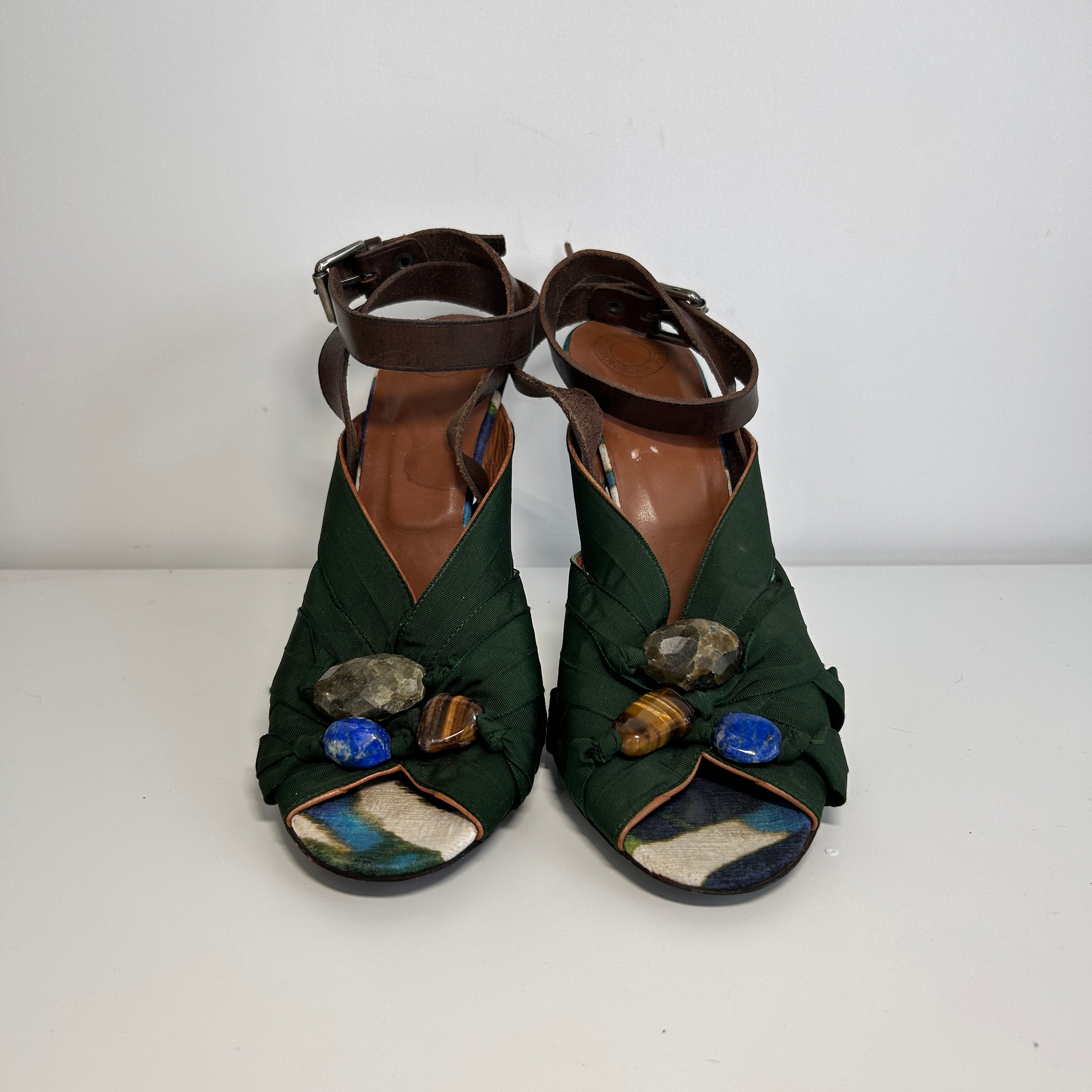 Green Satin Gemstones Embellished Heels