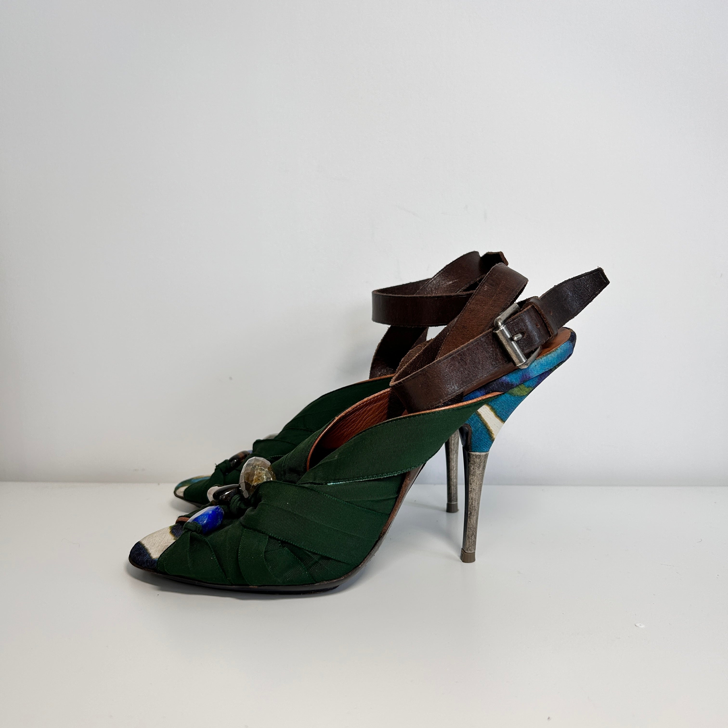 Green Satin Gemstones Embellished Heels