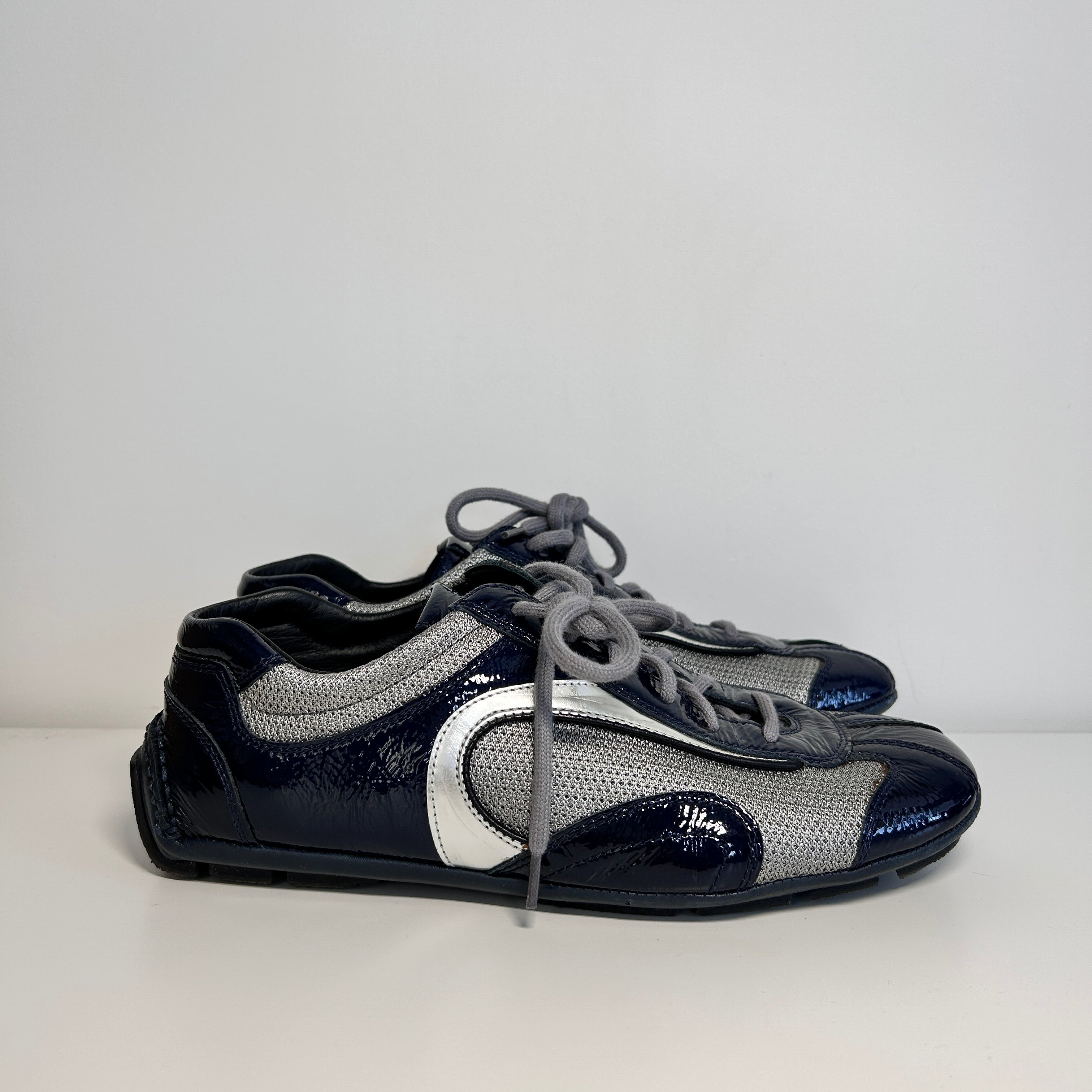 Navy Blue Patent Leather/Gray Nylon Lace Up Sneakers