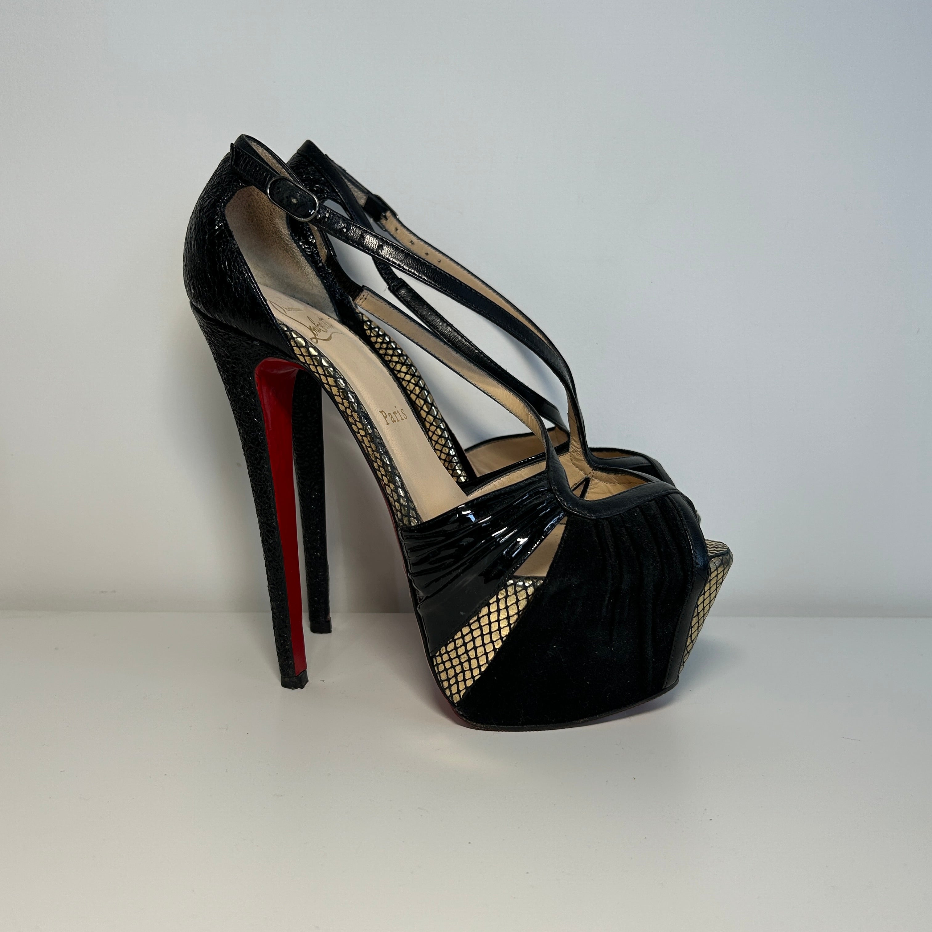 Black Patent Leather/Suede Cross Strap Platform Sandals