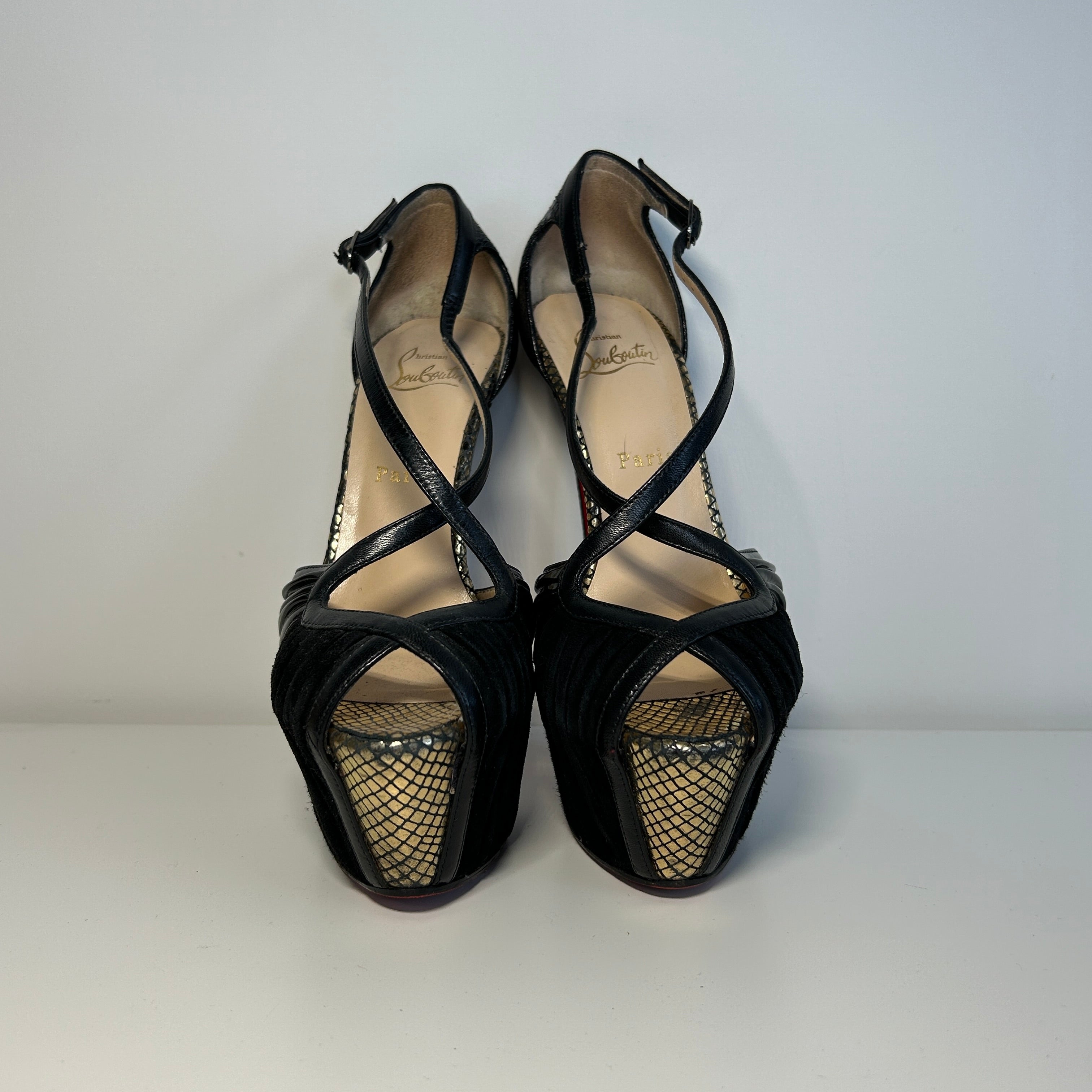 Black Patent Leather/Suede Cross Strap Platform Sandals