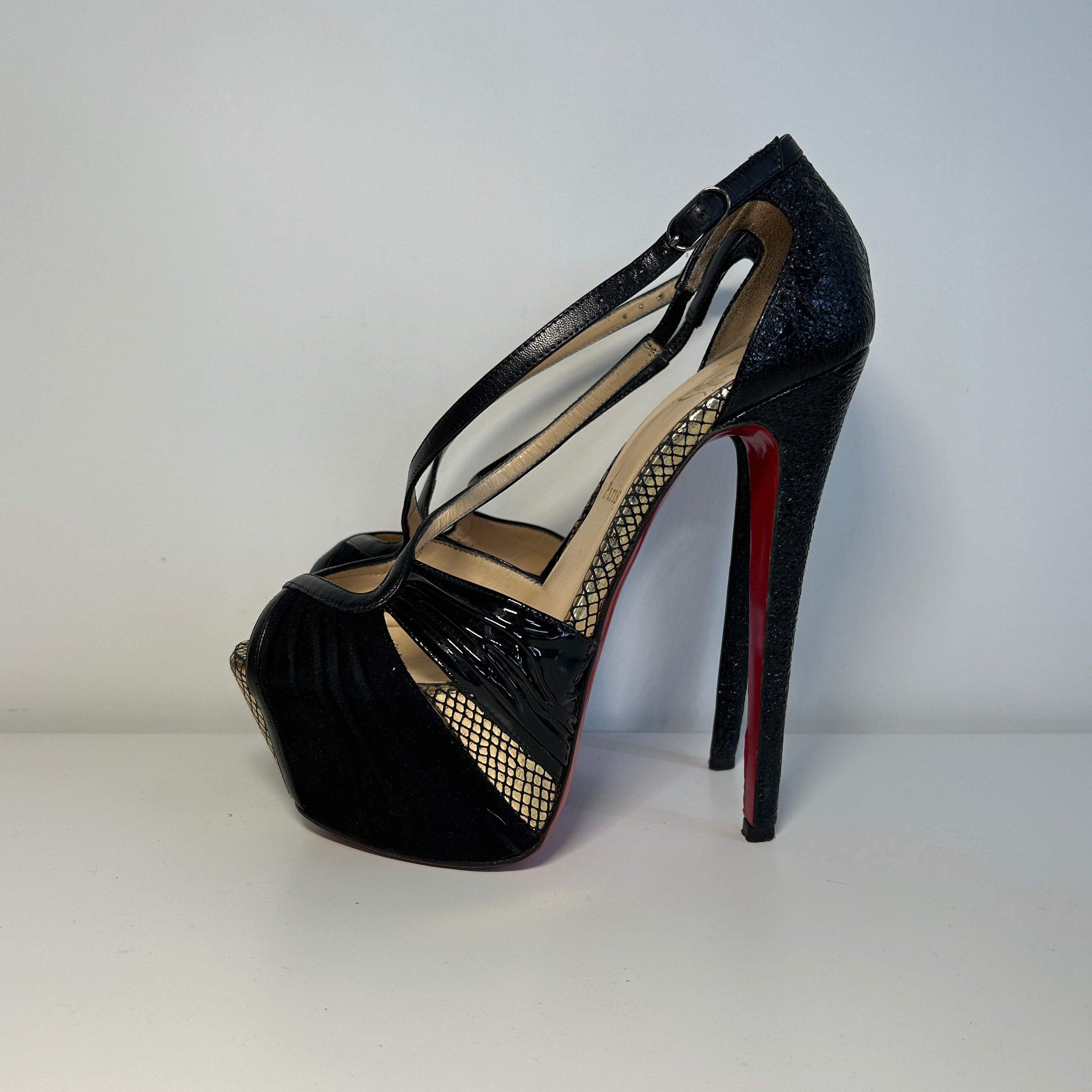 Black Patent Leather/Suede Cross Strap Platform Sandals
