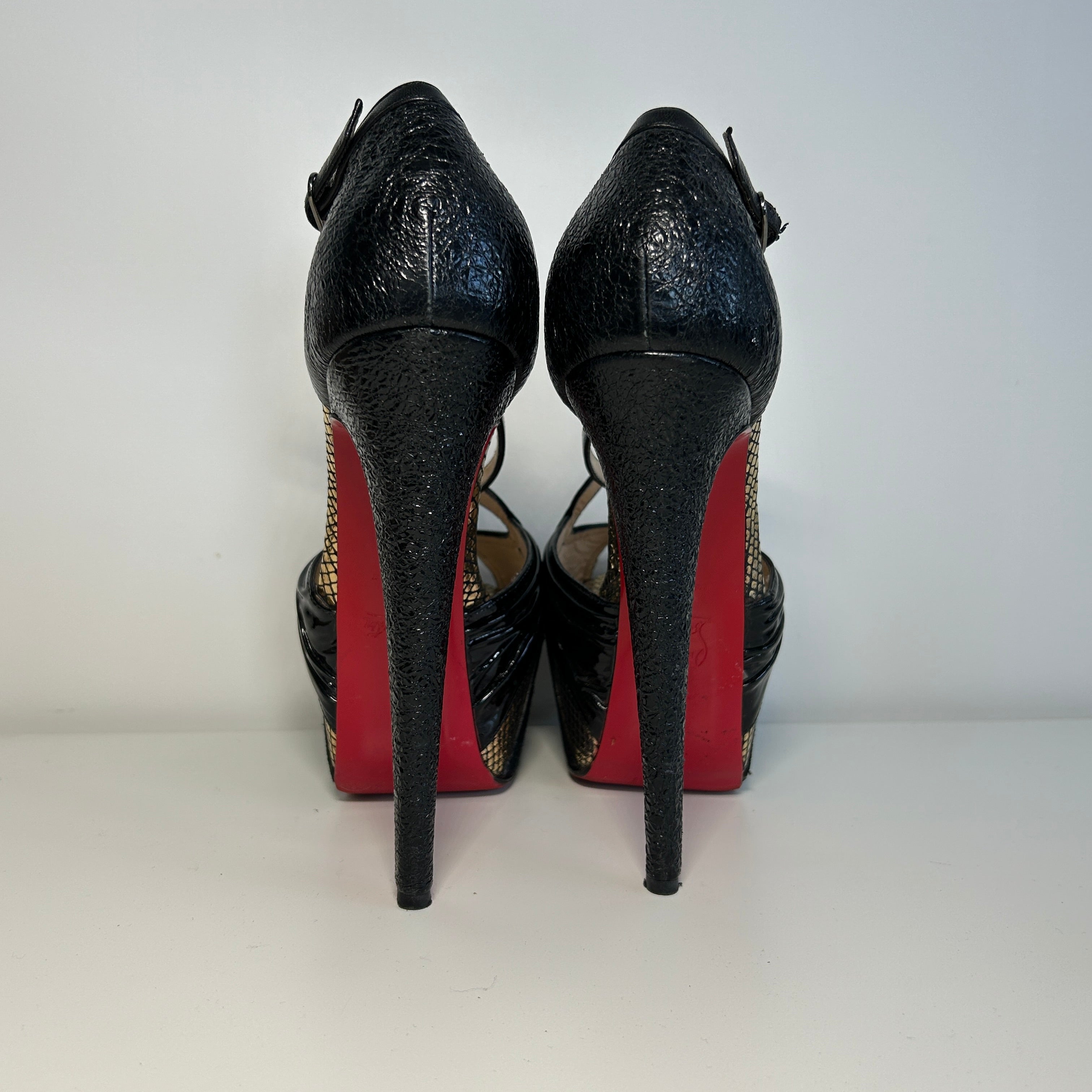 Black Patent Leather/Suede Cross Strap Platform Sandals