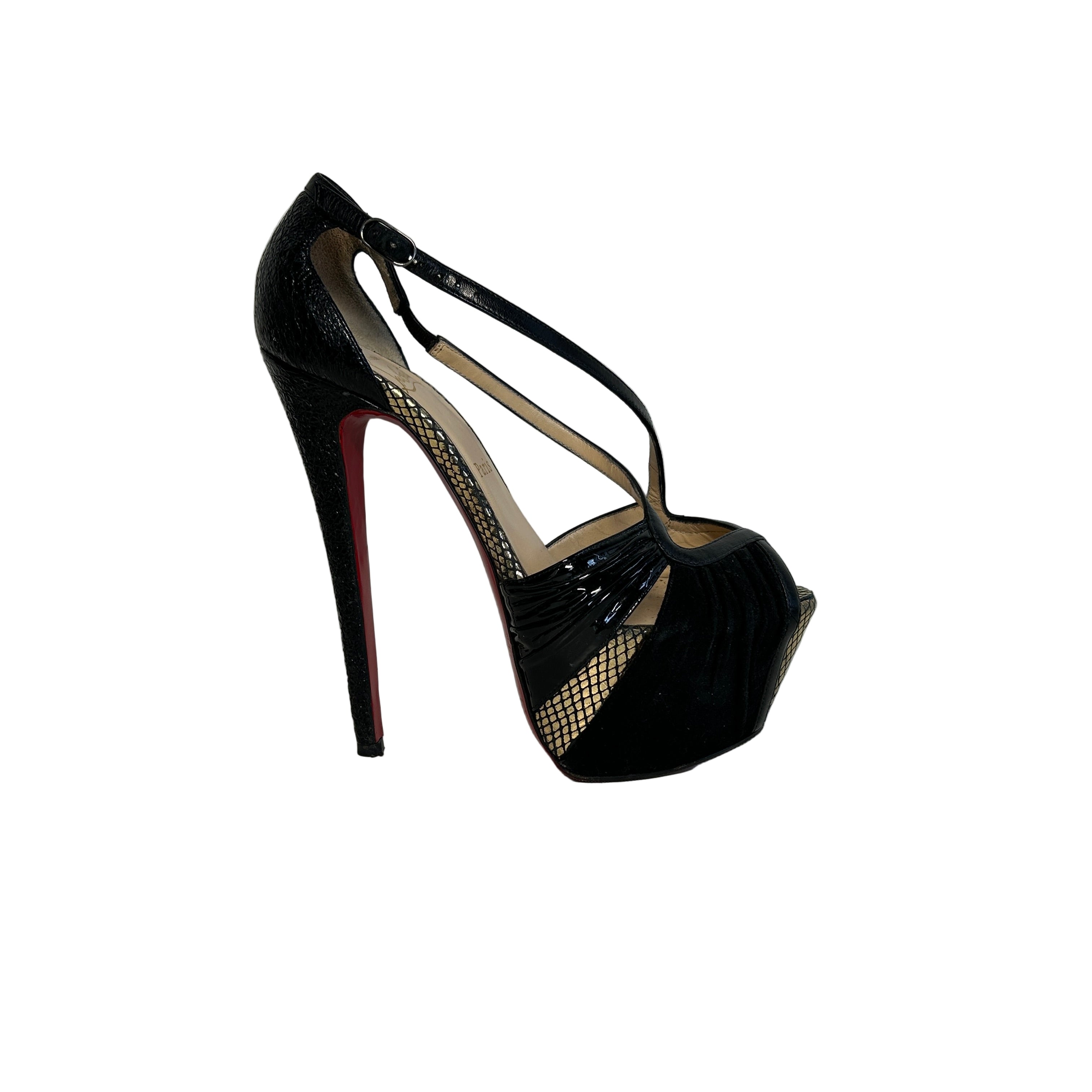 Black Patent Leather/Suede Cross Strap Platform Sandals
