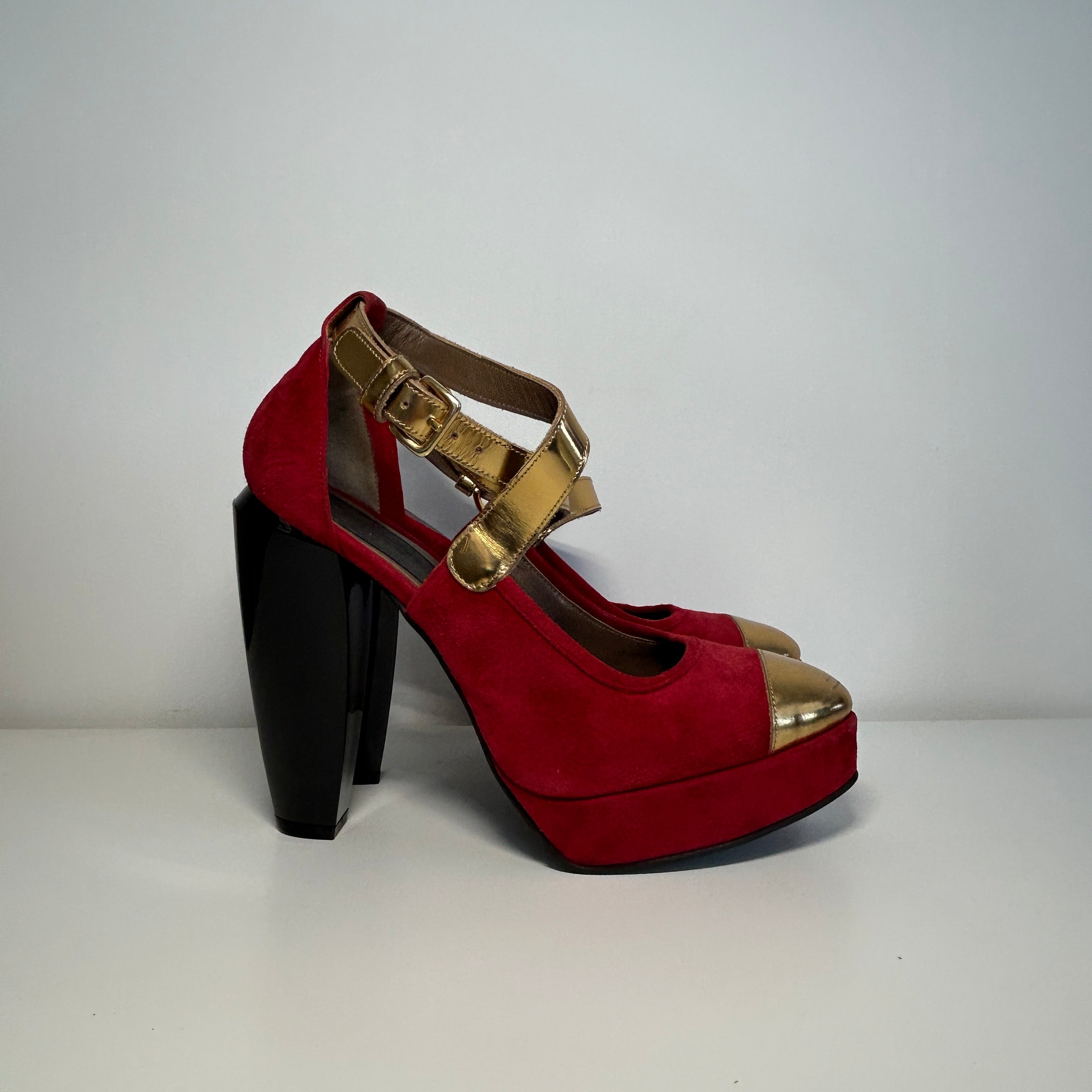 Gold/Red Suede/Leather Platforms
