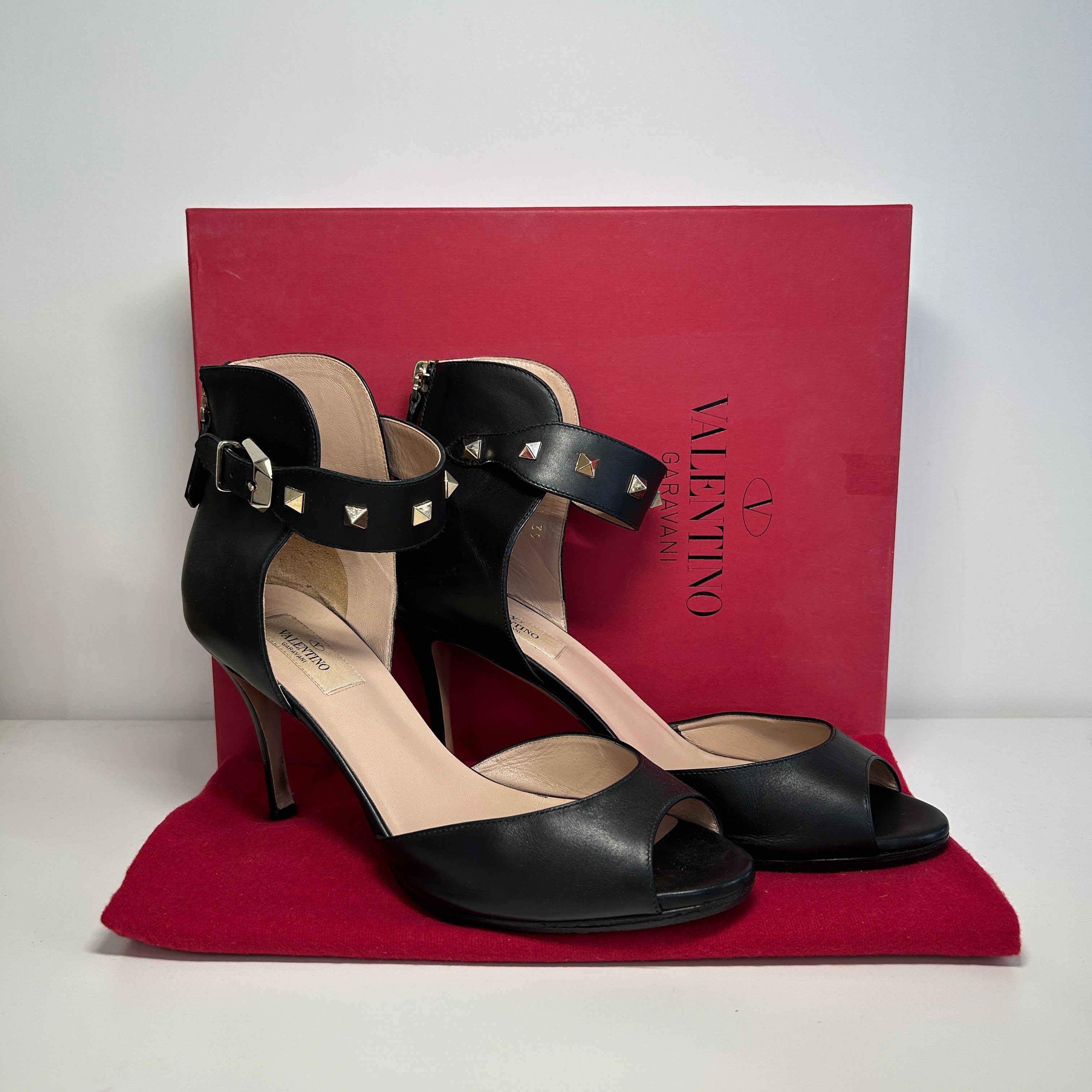 Black Leather Open Toe Ankle Wrap Rock Stud Heels