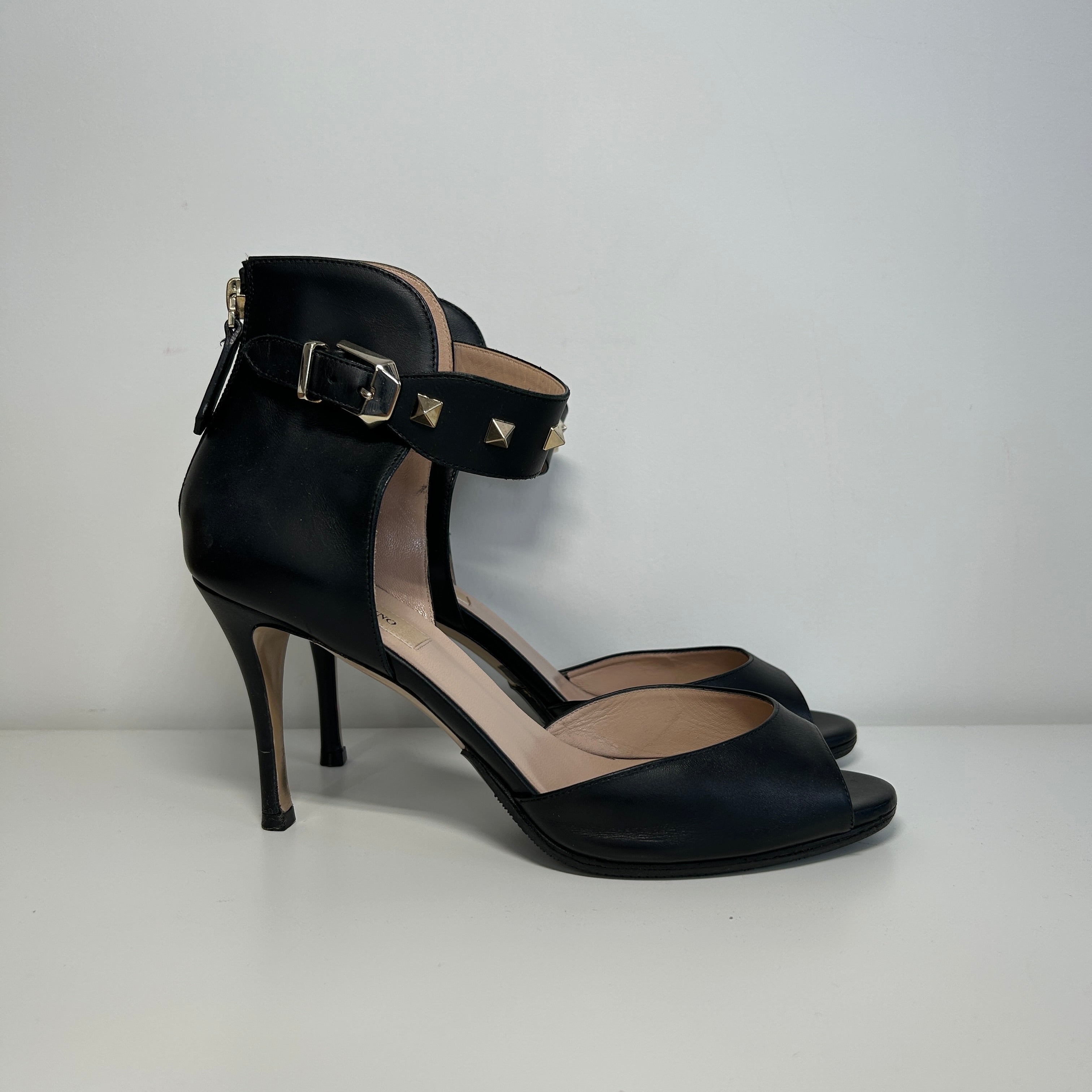 Black Leather Open Toe Ankle Wrap Rock Stud Heels