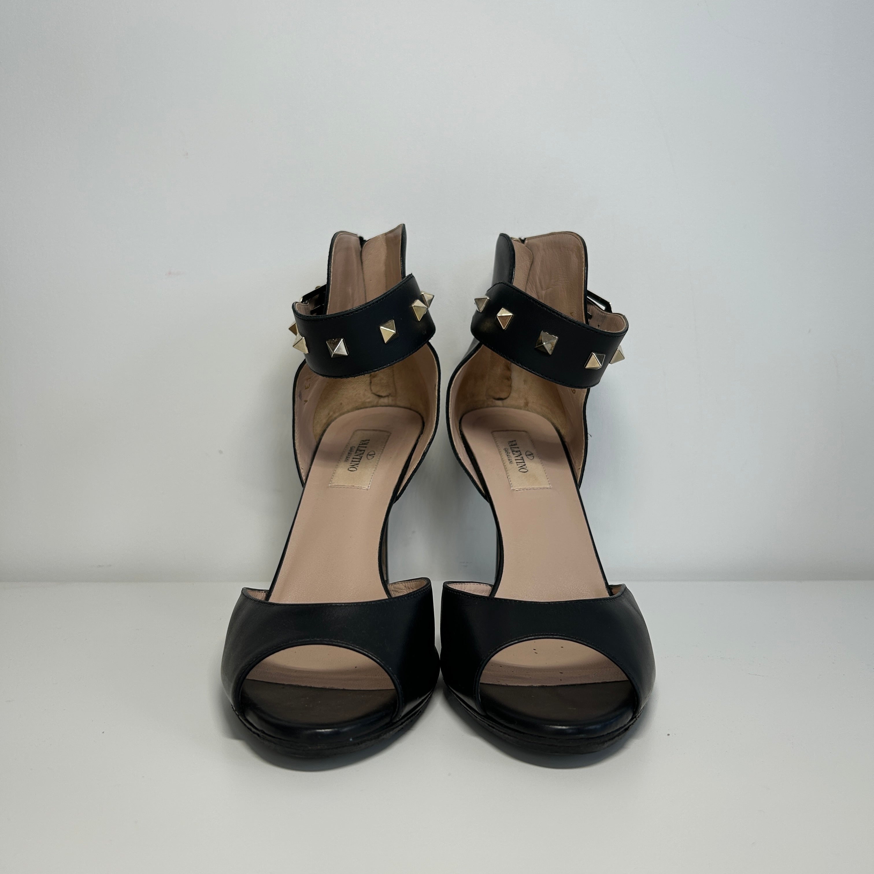 Black Leather Open Toe Ankle Wrap Rock Stud Heels