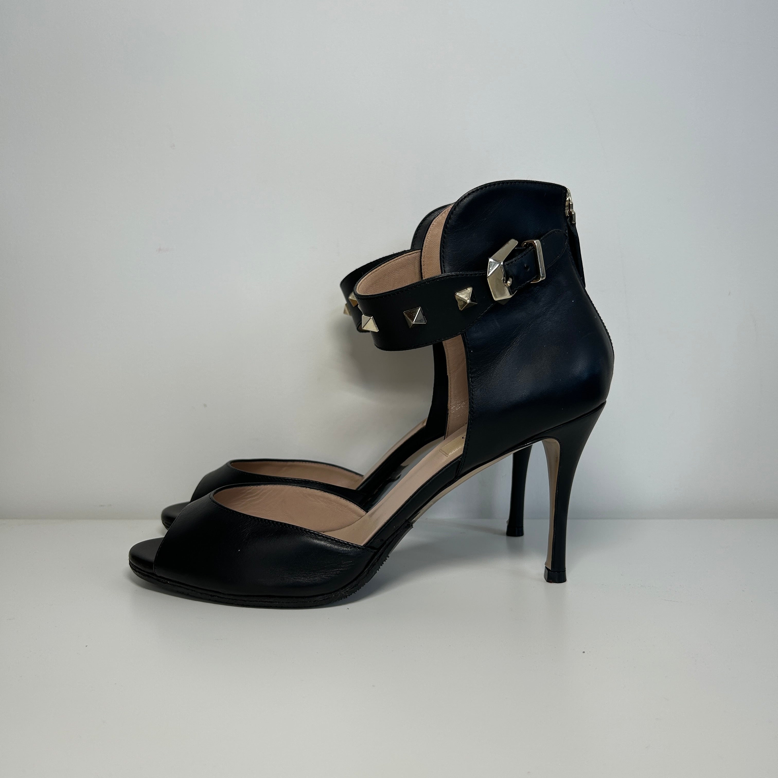 Black Leather Open Toe Ankle Wrap Rock Stud Heels