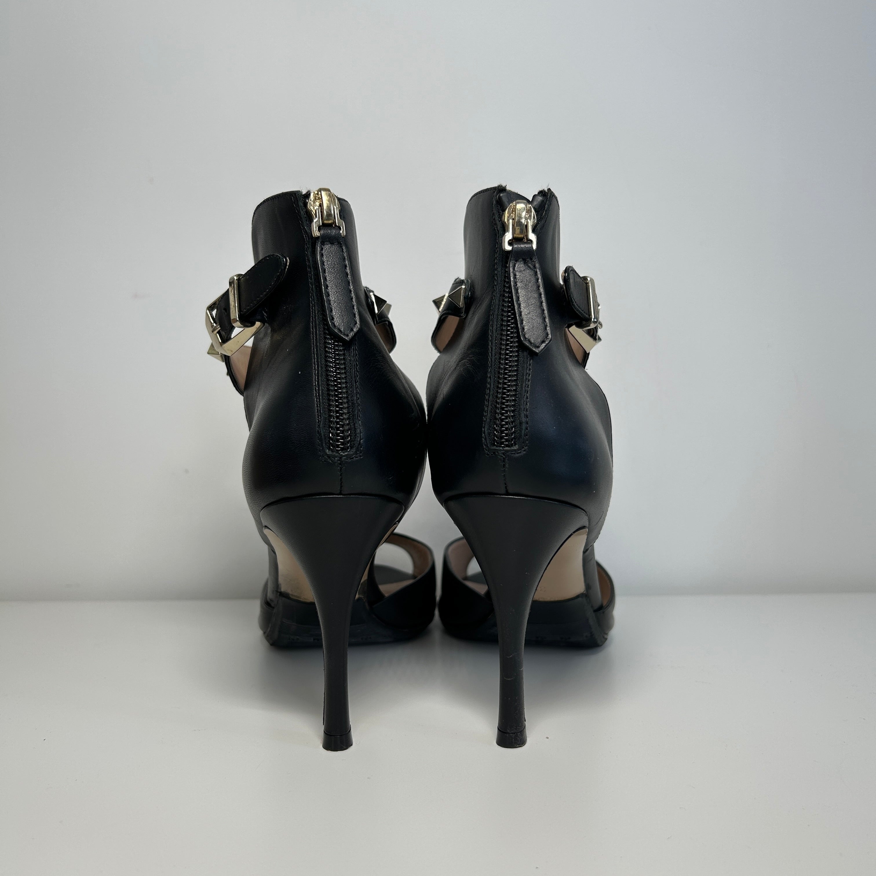 Black Leather Open Toe Ankle Wrap Rock Stud Heels