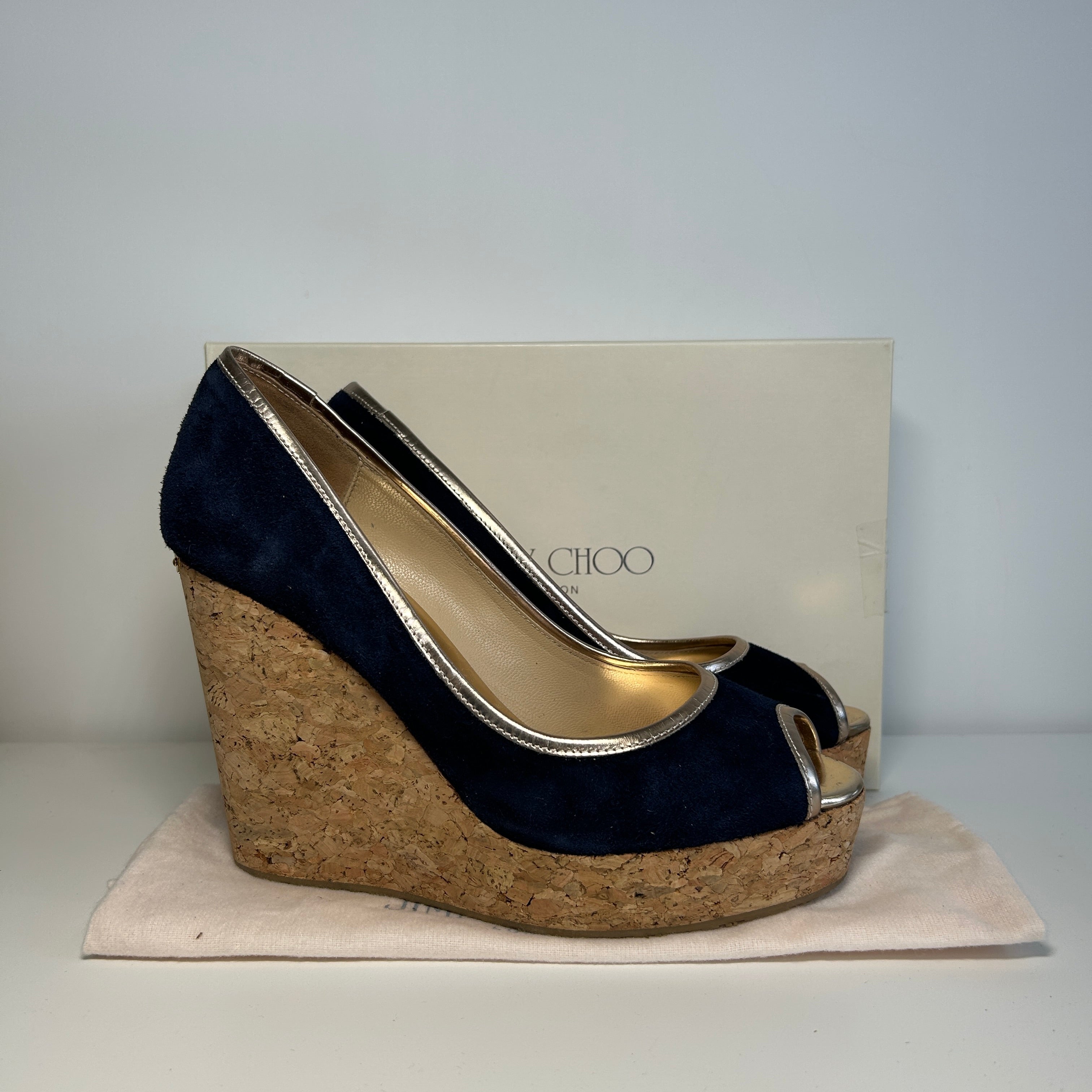 Navy Blue Suede Papina Cork Wedge Pumps