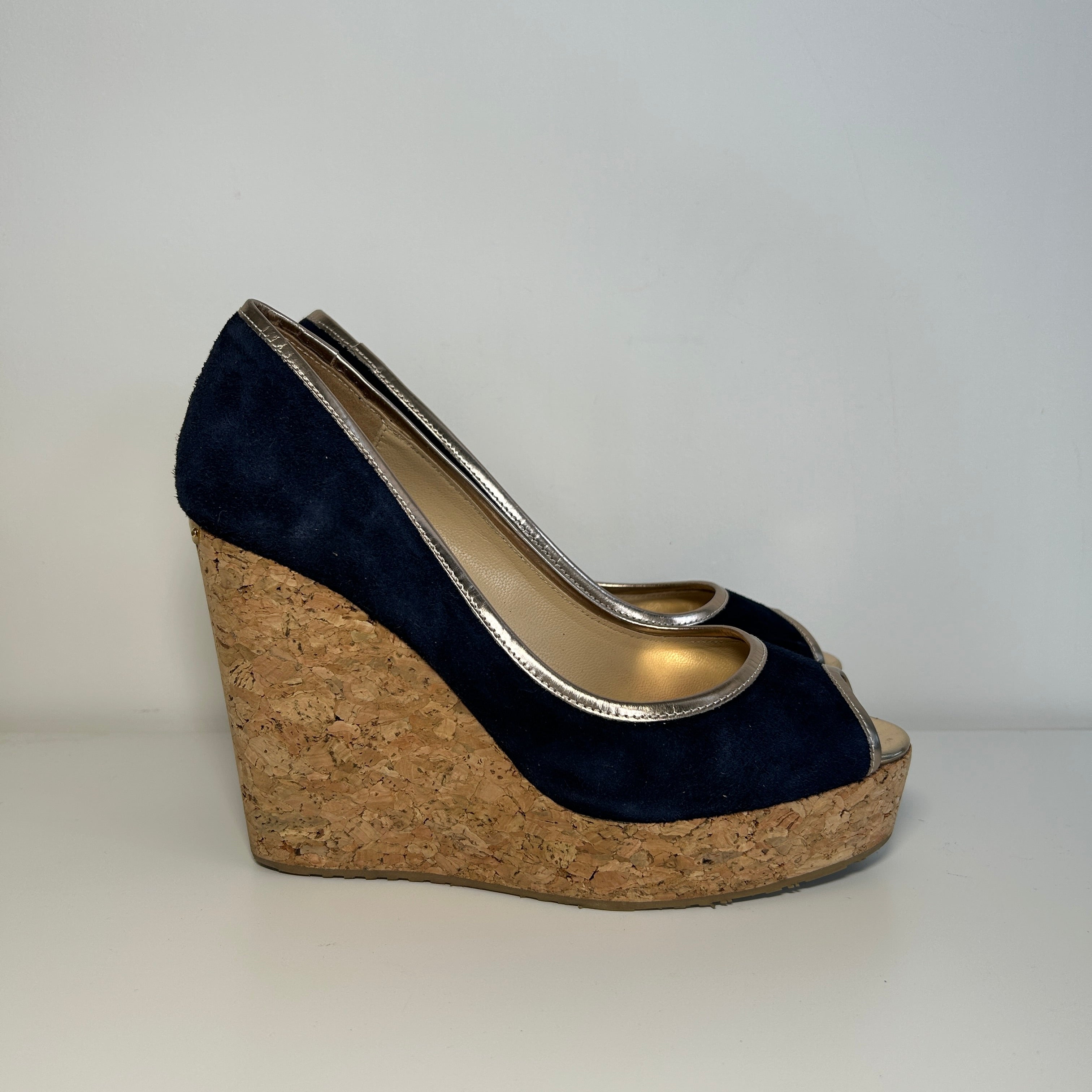 Navy Blue Suede Papina Cork Wedge Pumps