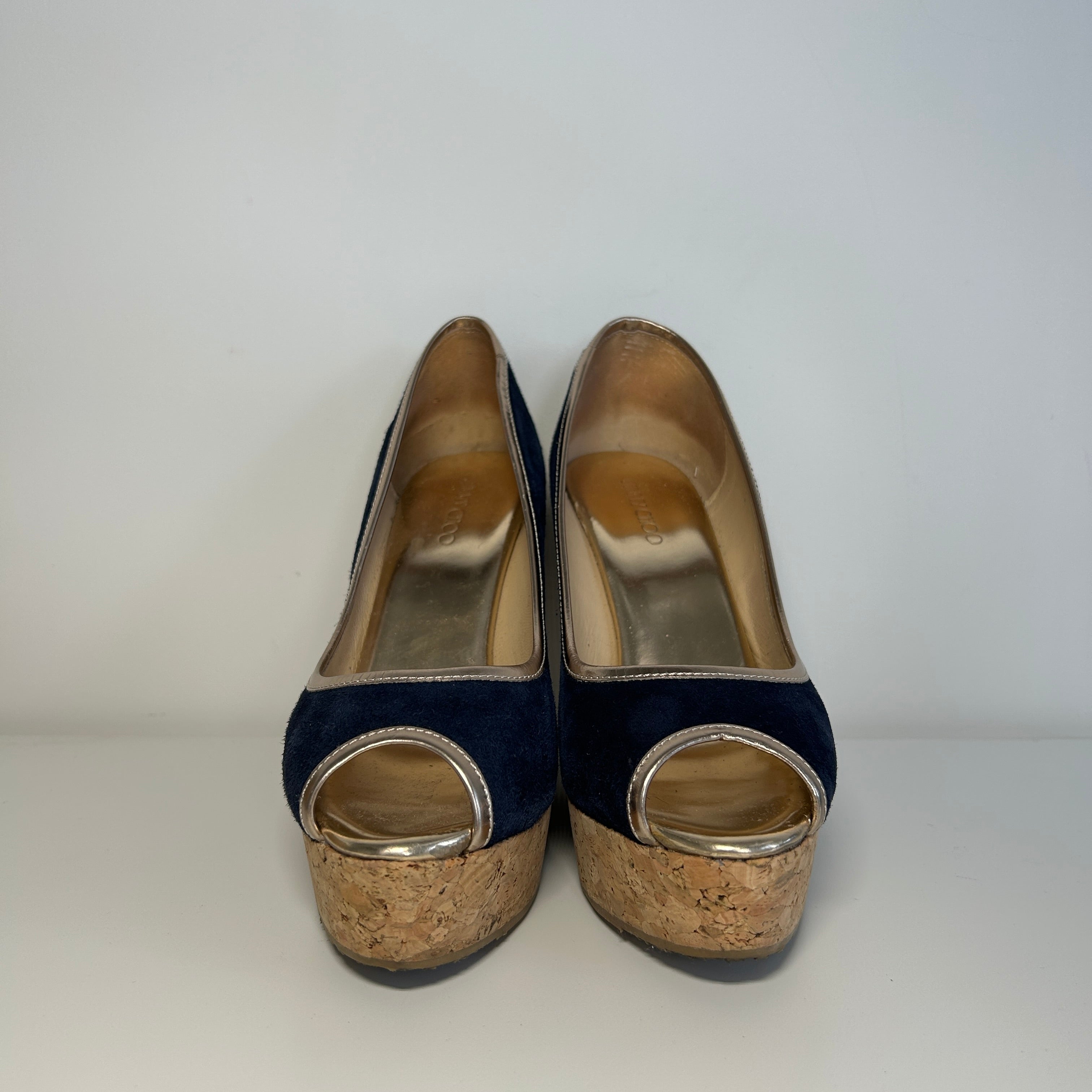Navy Blue Suede Papina Cork Wedge Pumps