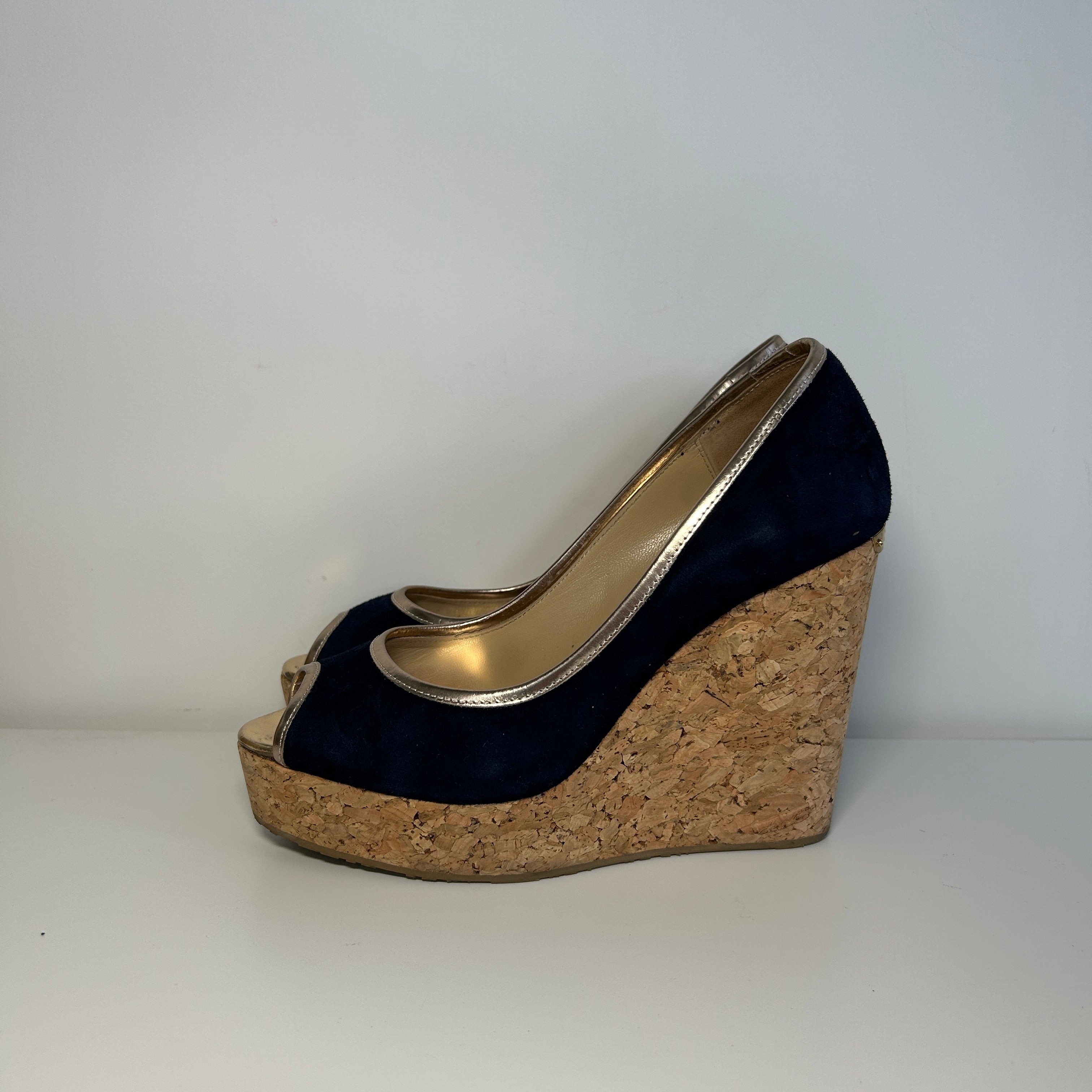 Navy Blue Suede Papina Cork Wedge Pumps
