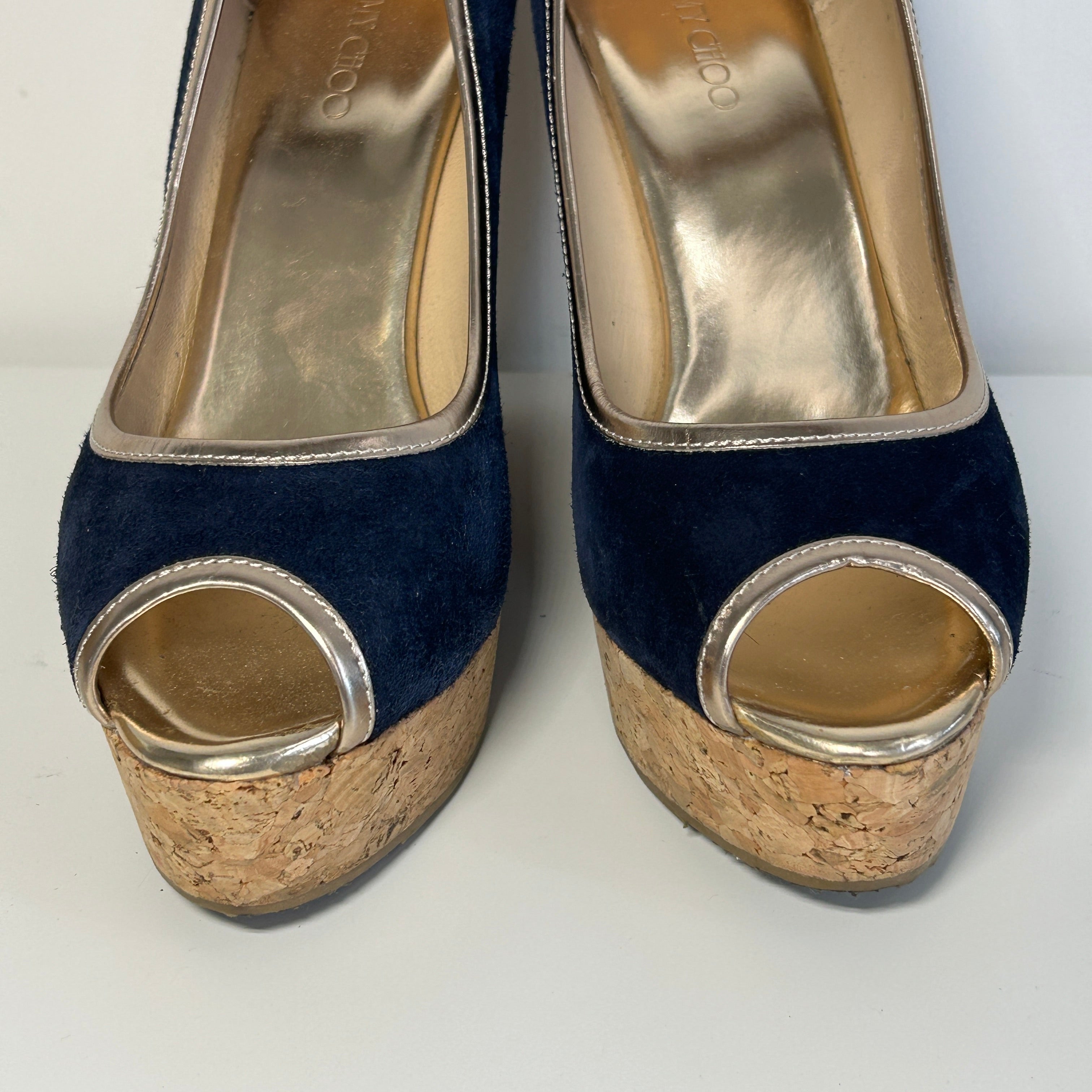 Navy Blue Suede Papina Cork Wedge Pumps