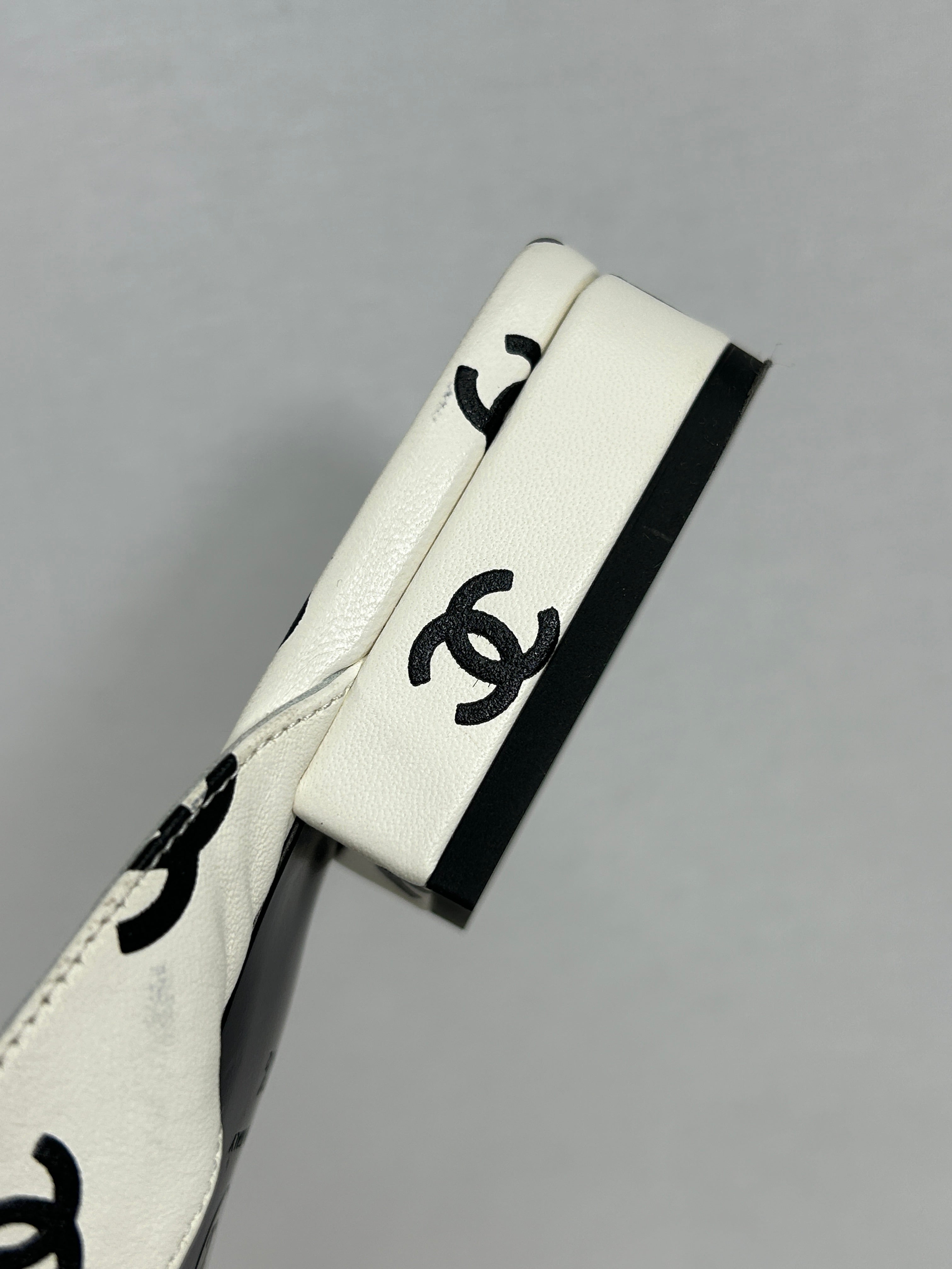 CC White Black Leather Logo Sandals