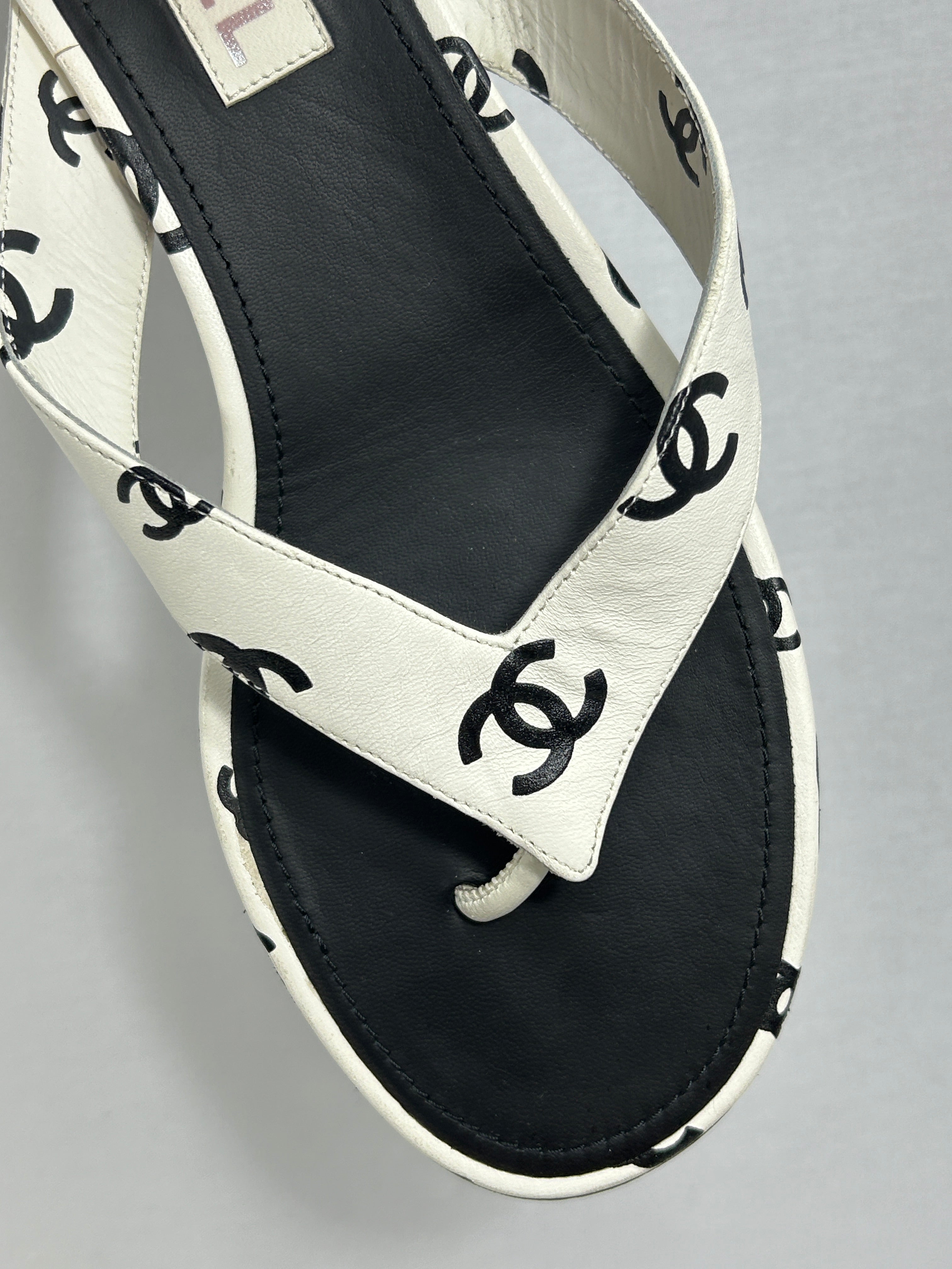 CC White Black Leather Logo Sandals