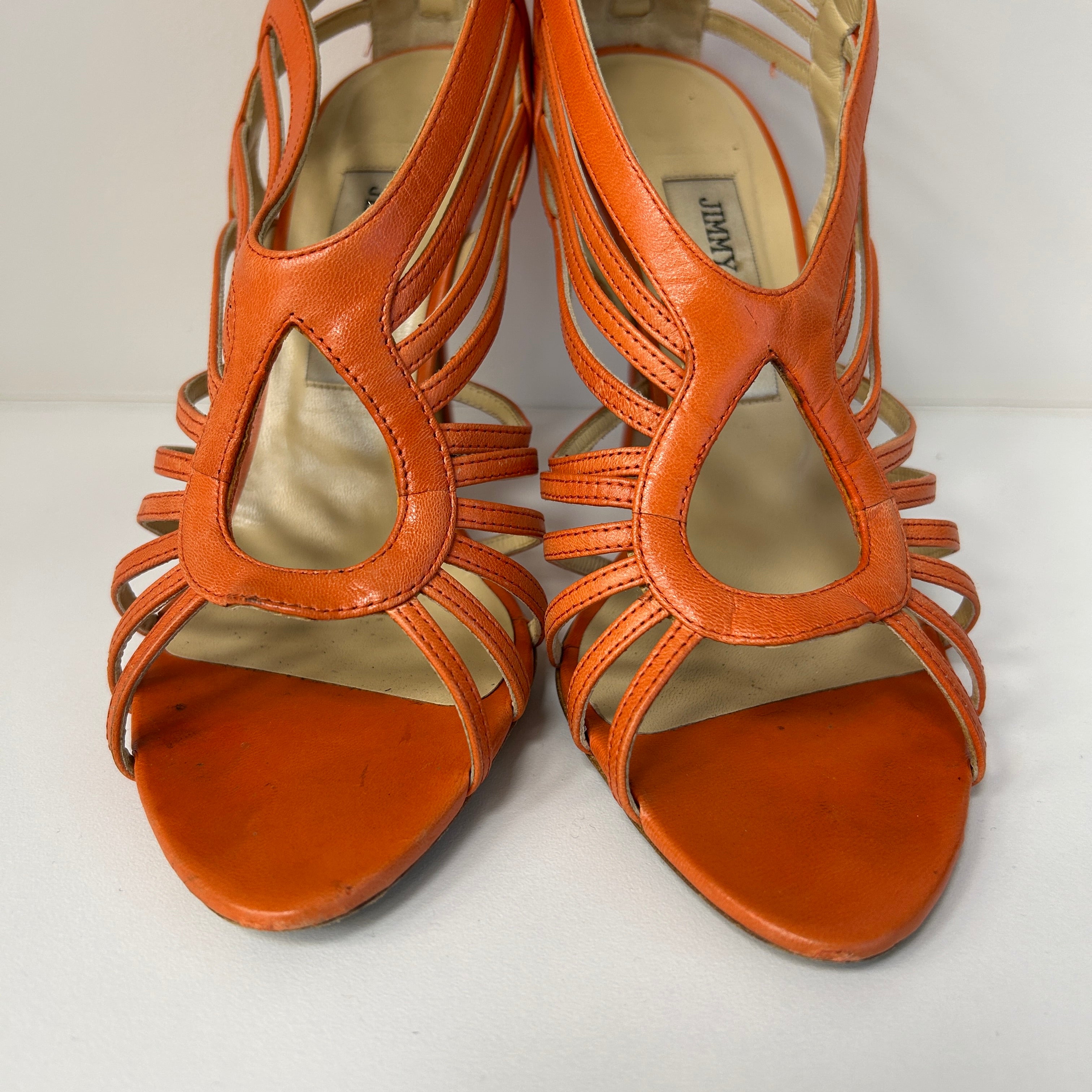 Orange Leather Cut Out Open Toe Sandals