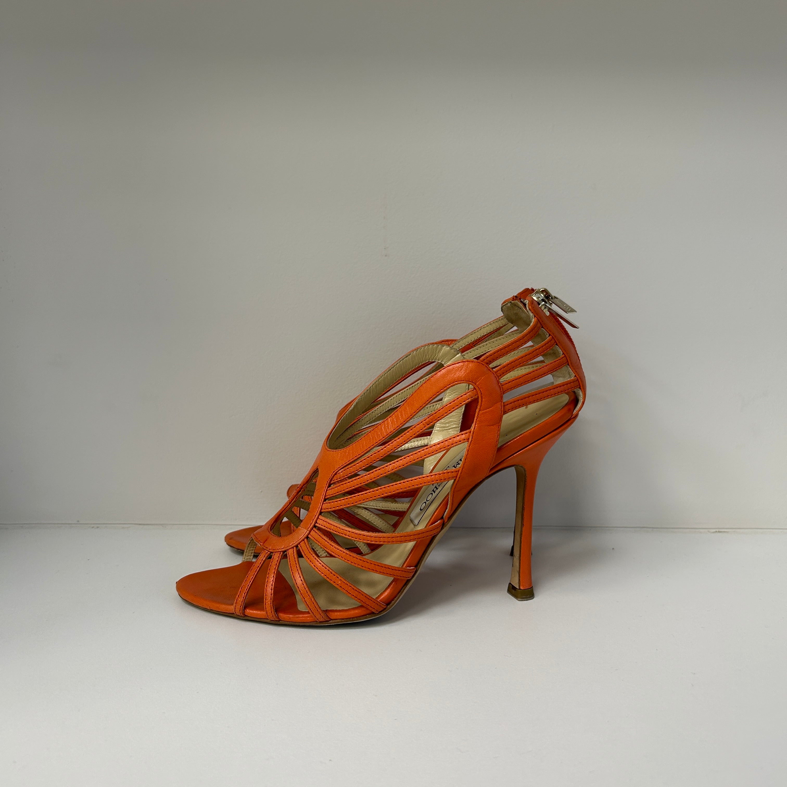 Orange Leather Cut Out Open Toe Sandals
