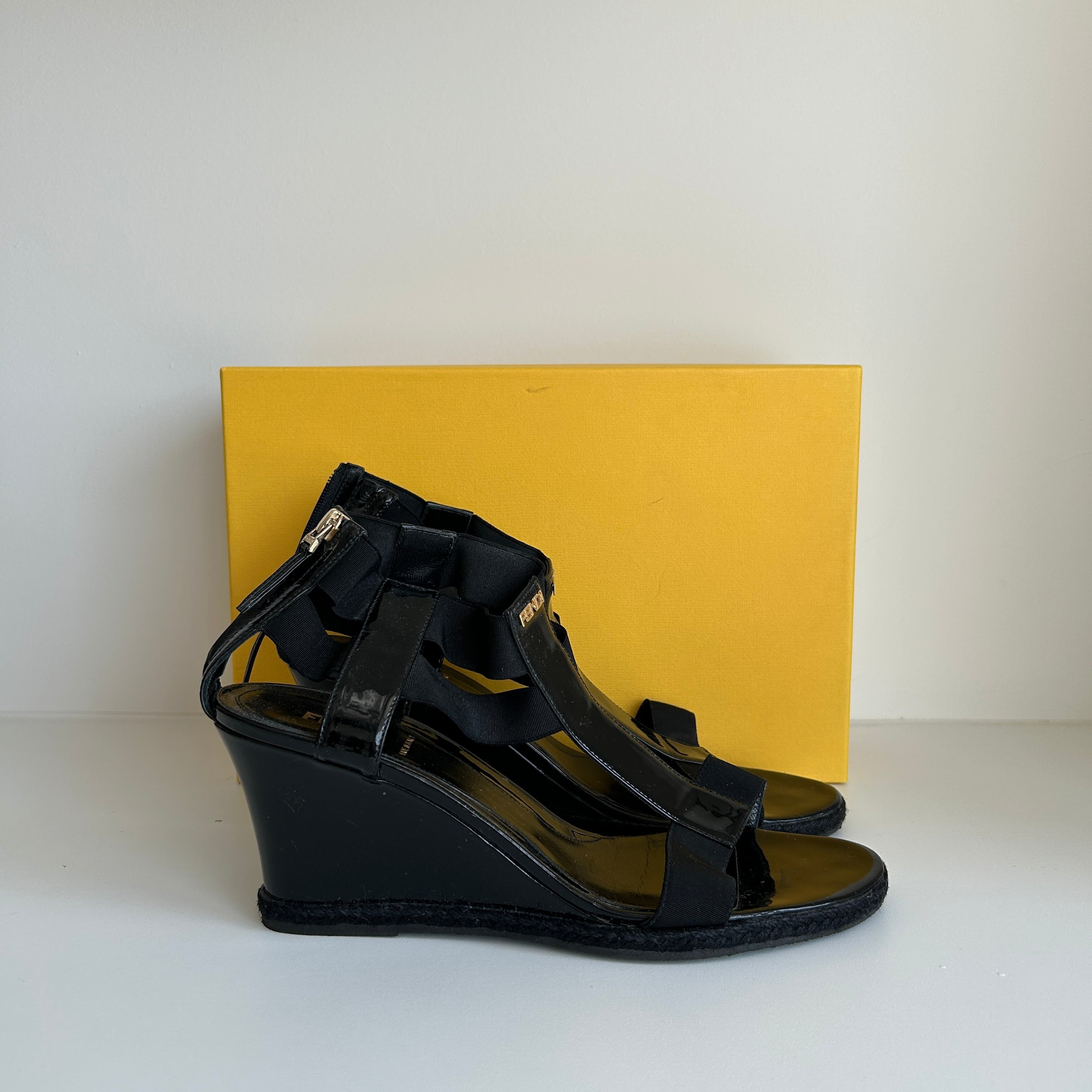 Black Patent Leather and Elastic T-Strap Wedge Sandals