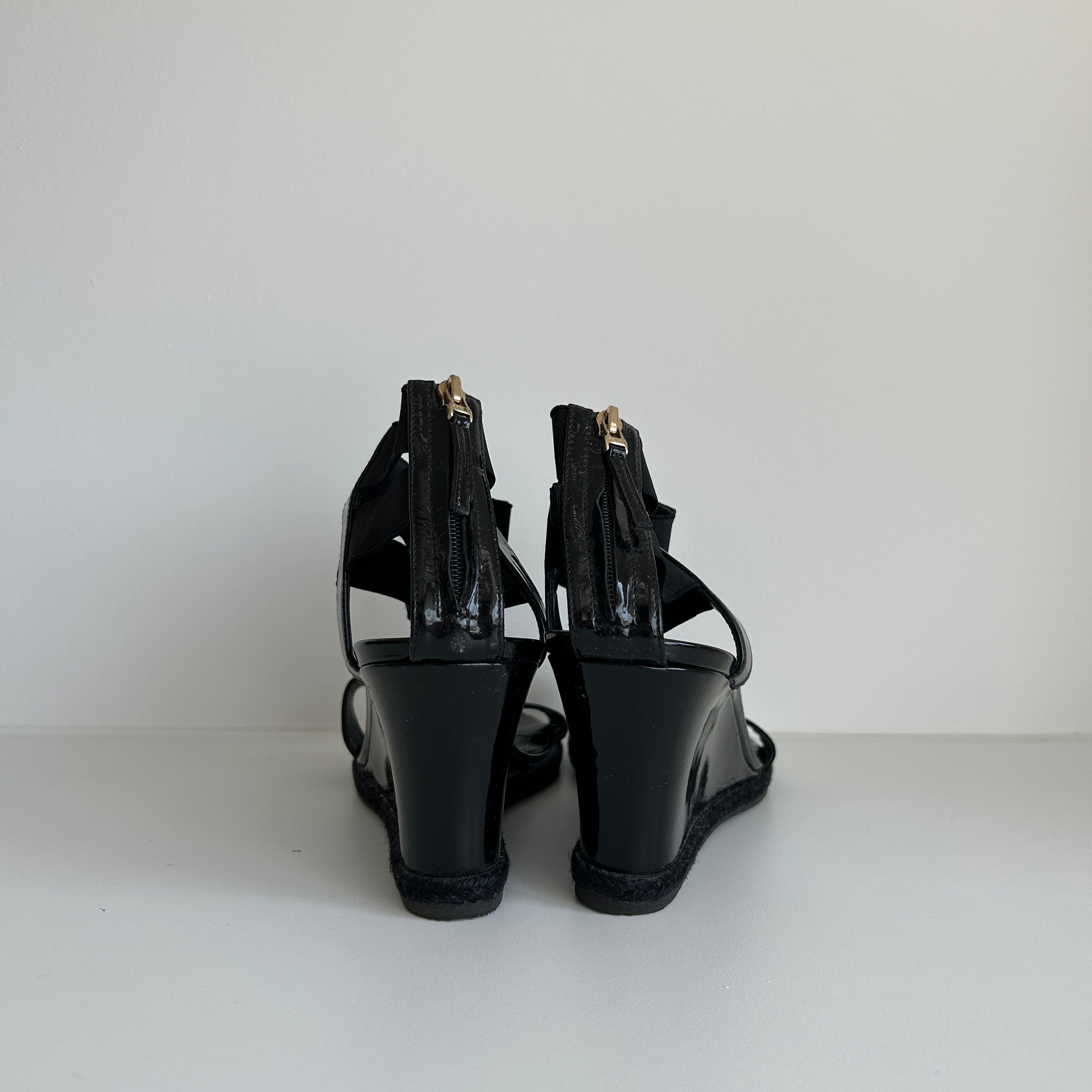 Black Patent Leather and Elastic T-Strap Wedge Sandals