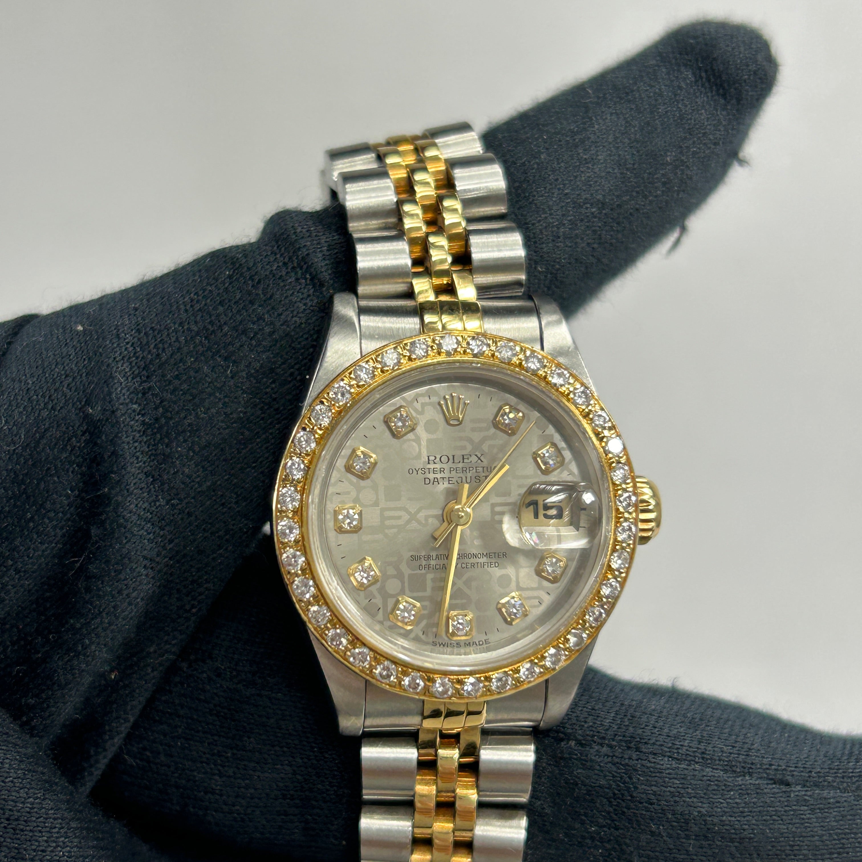 Ladies Oyster Perpetual Datejust Two Tone Silver/18K Yellow Gold Diamond Dial and Diamond Bezel Watch