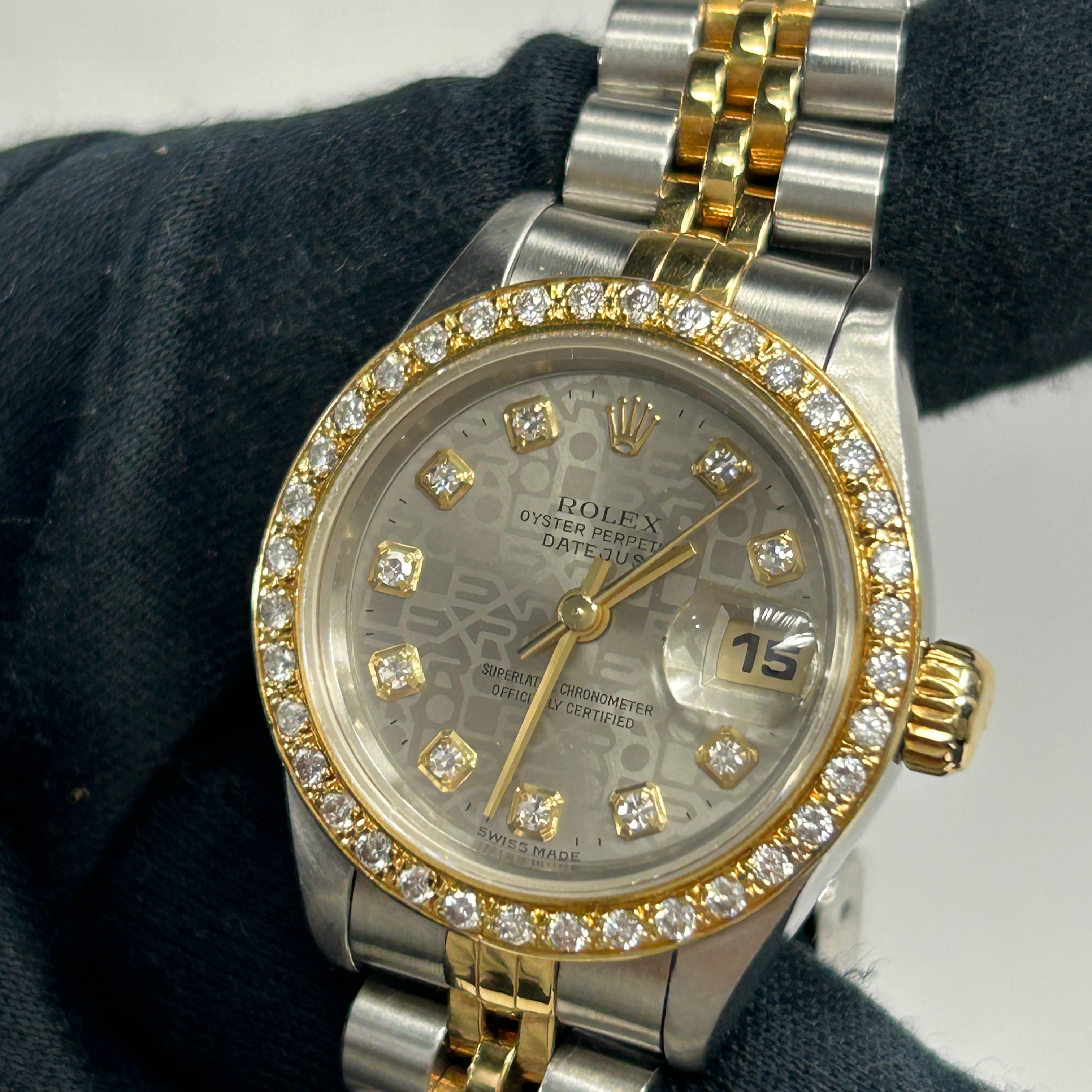 Ladies Oyster Perpetual Datejust Two Tone Silver/18K Yellow Gold Diamond Dial and Diamond Bezel Watch