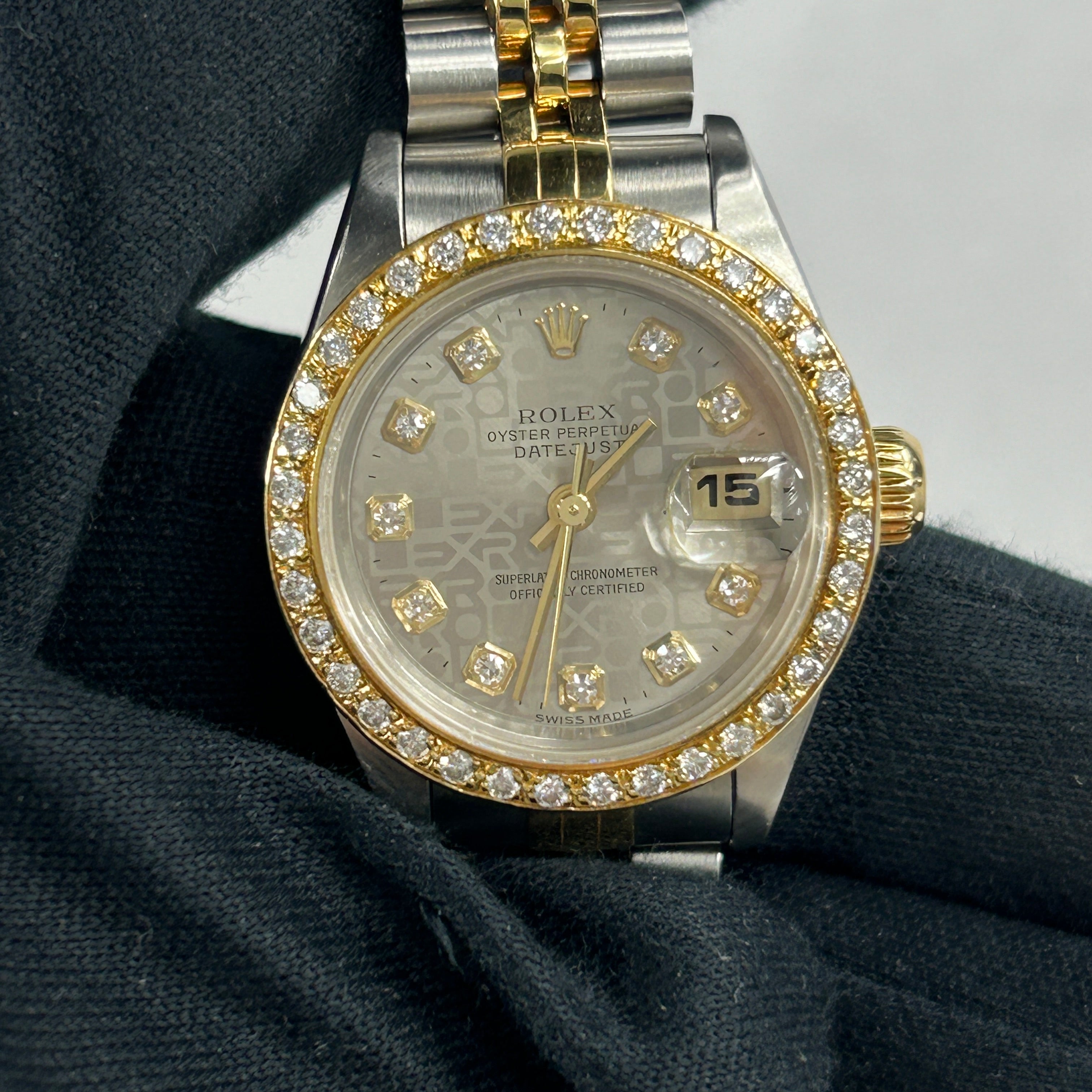 Ladies Oyster Perpetual Datejust Two Tone Silver/18K Yellow Gold Diamond Dial and Diamond Bezel Watch