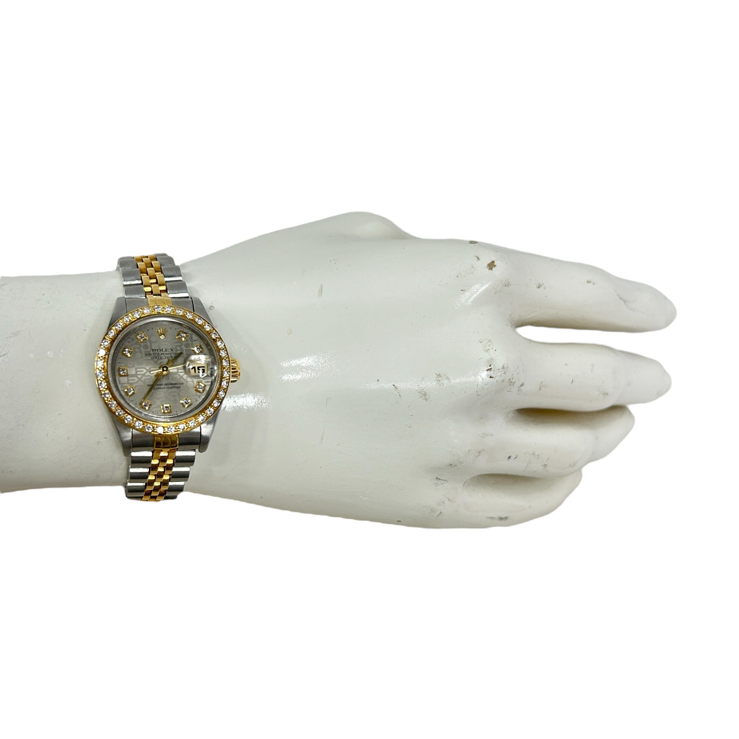 Ladies Oyster Perpetual Datejust Two Tone Silver/18K Yellow Gold Diamond Dial and Diamond Bezel Watch