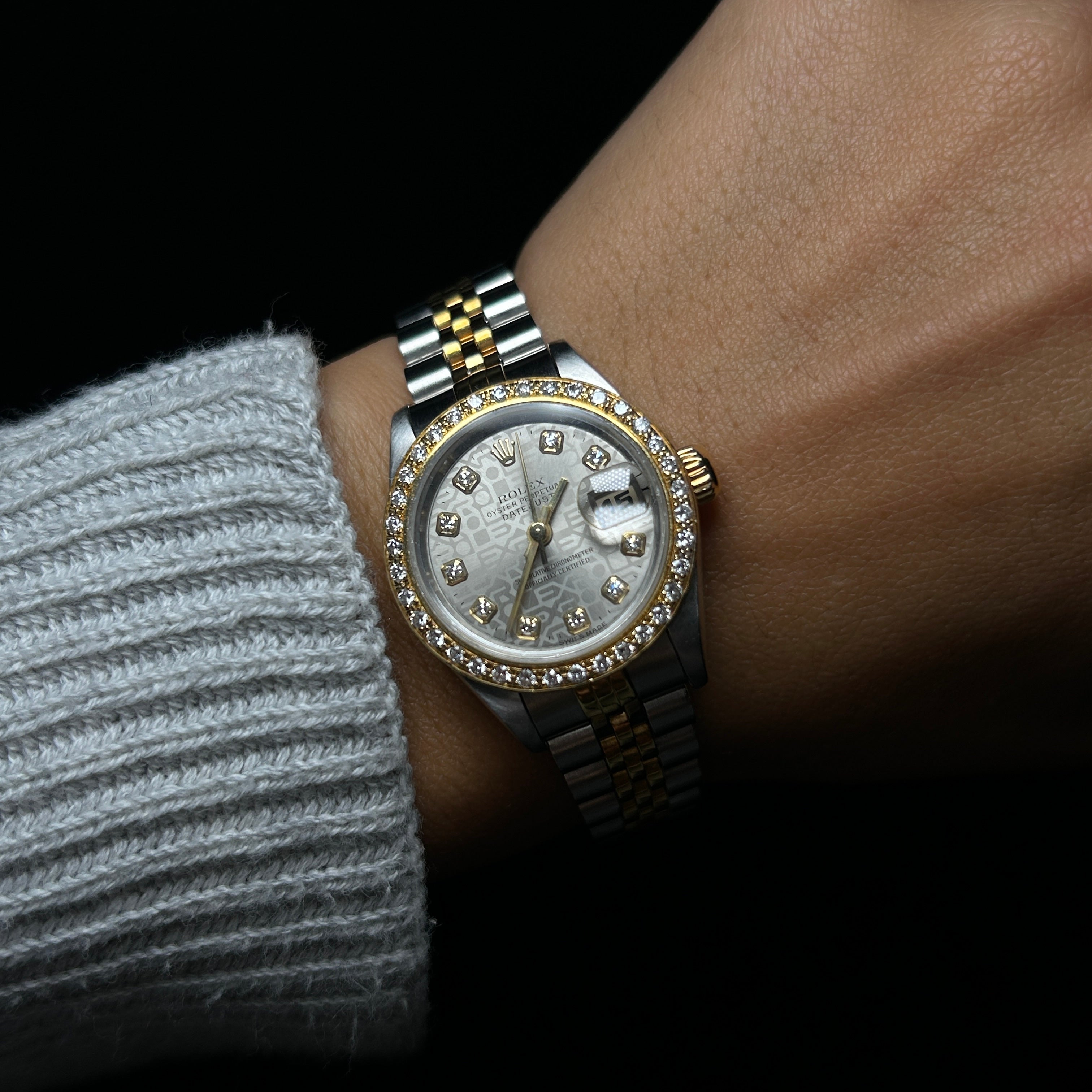 Ladies Oyster Perpetual Datejust Two Tone Silver/18K Yellow Gold Diamond Dial and Diamond Bezel Watch