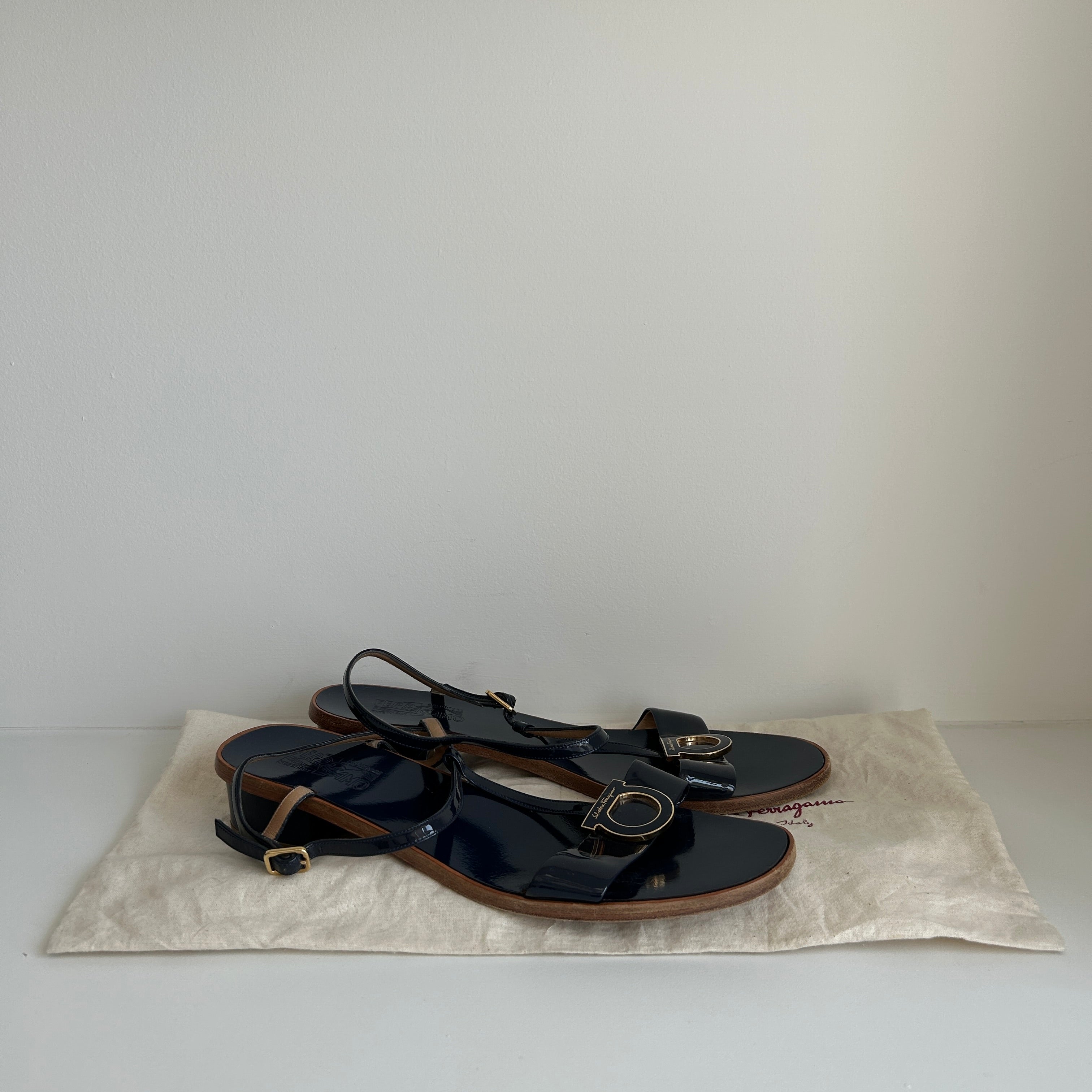 Navy Patent Leather Sling Back Block Heel Sandals