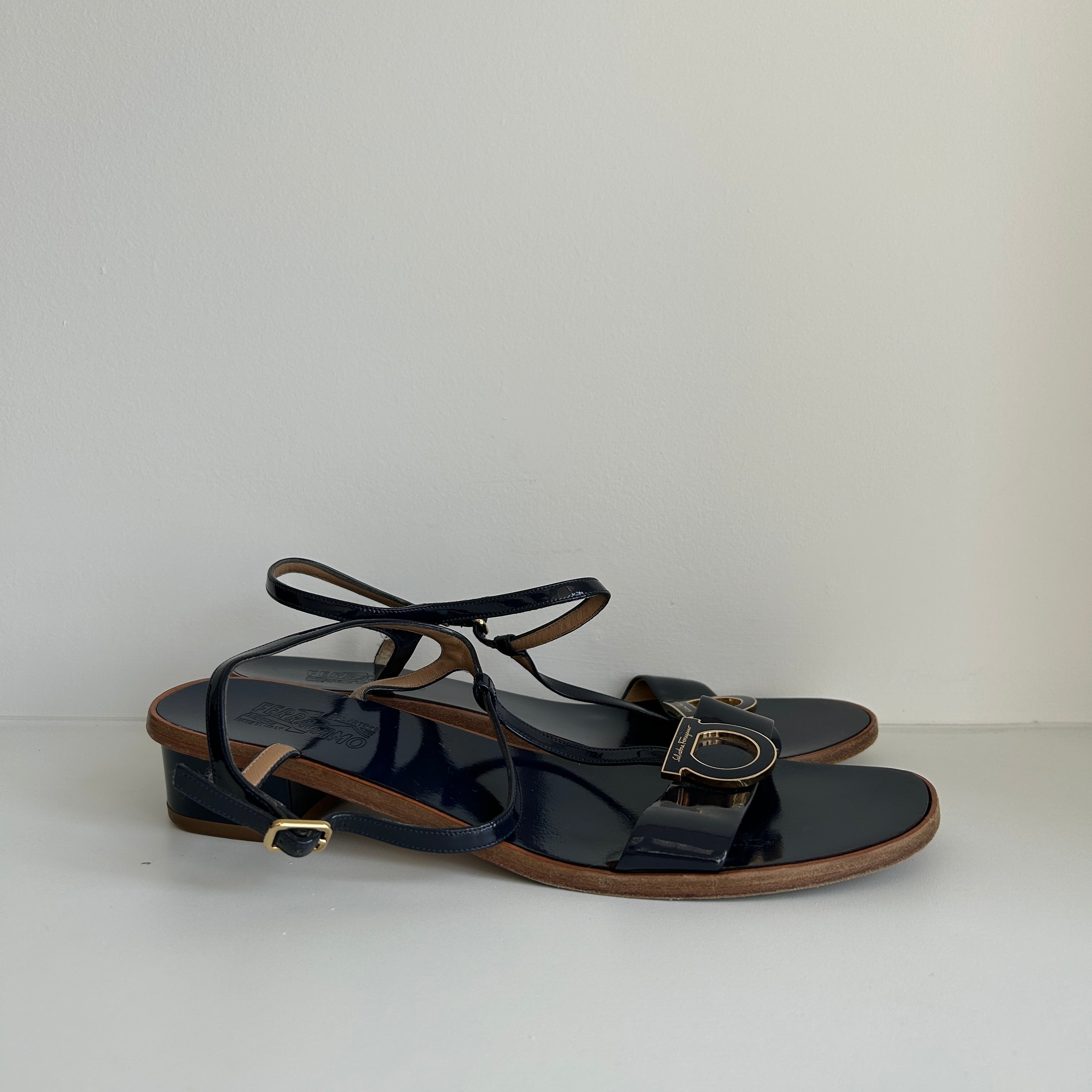 Navy Patent Leather Sling Back Block Heel Sandals