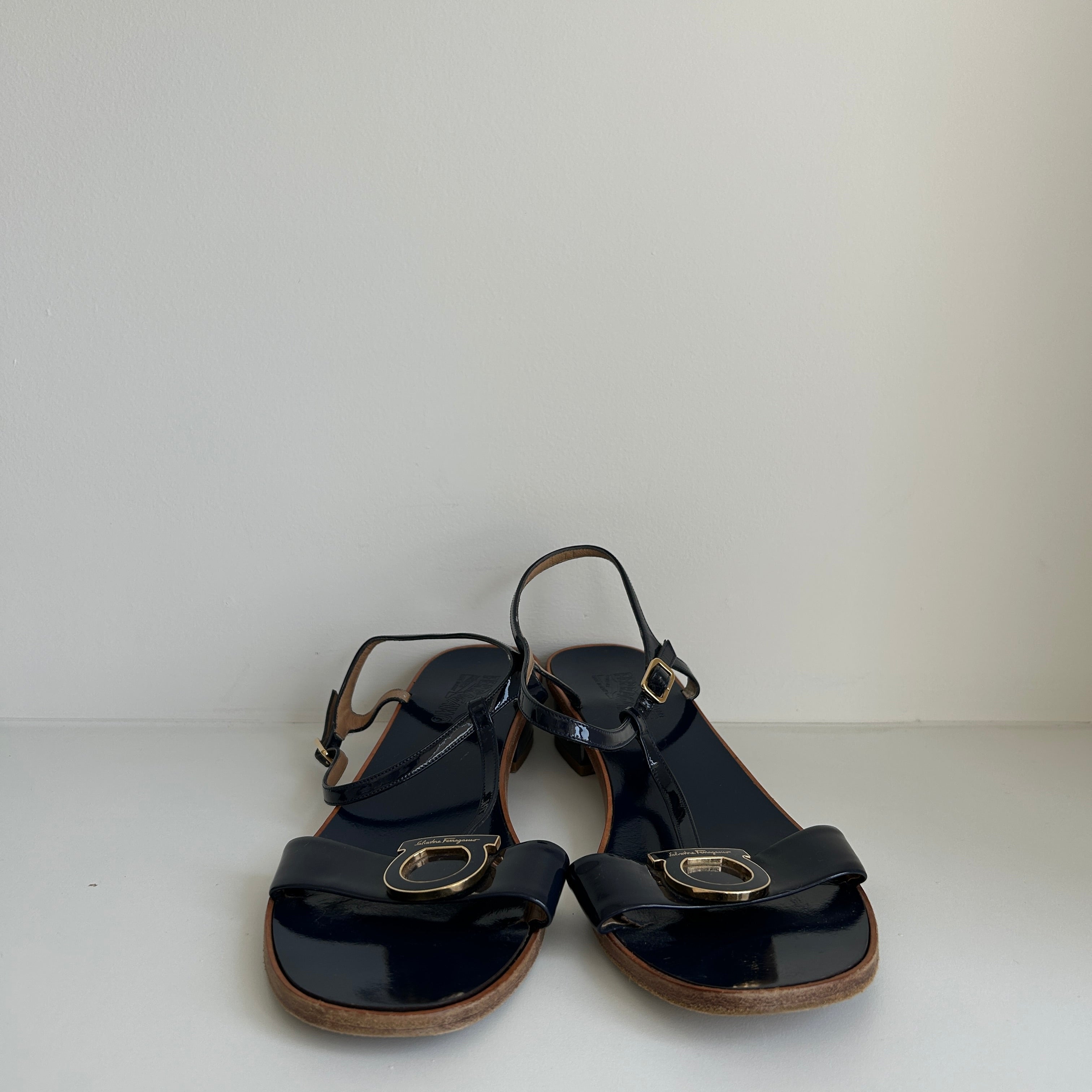 Navy Patent Leather Sling Back Block Heel Sandals