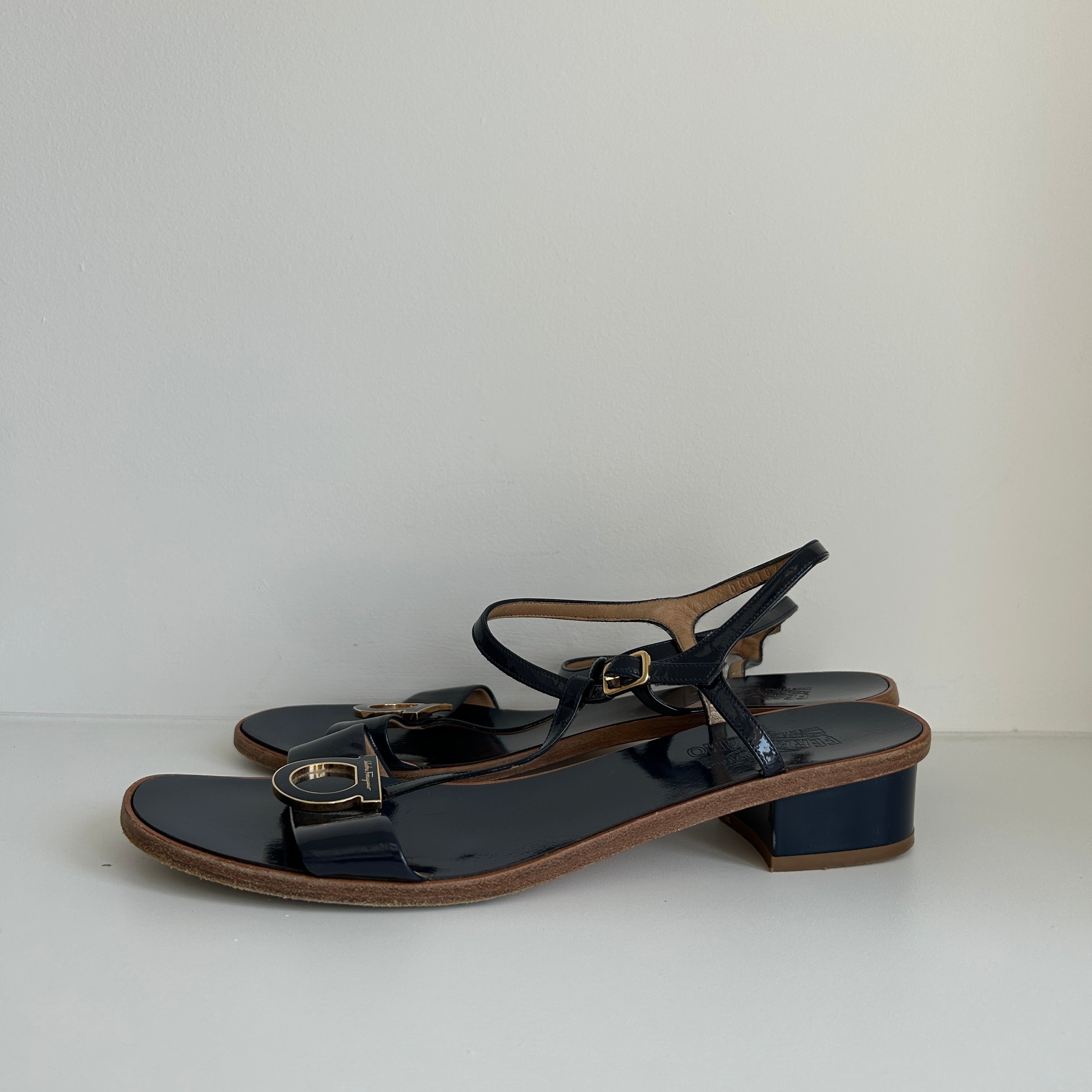 Navy Patent Leather Sling Back Block Heel Sandals
