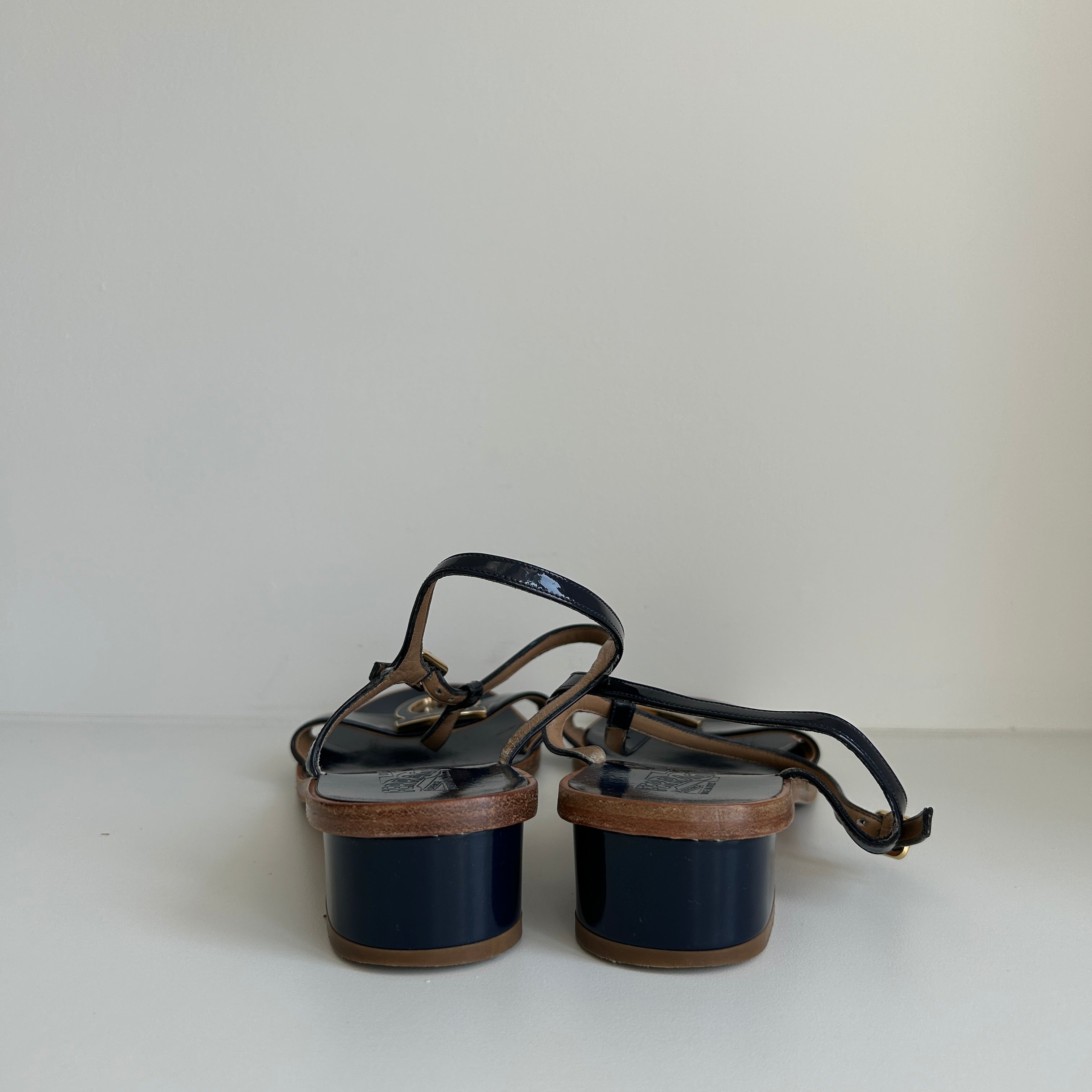 Navy Patent Leather Sling Back Block Heel Sandals