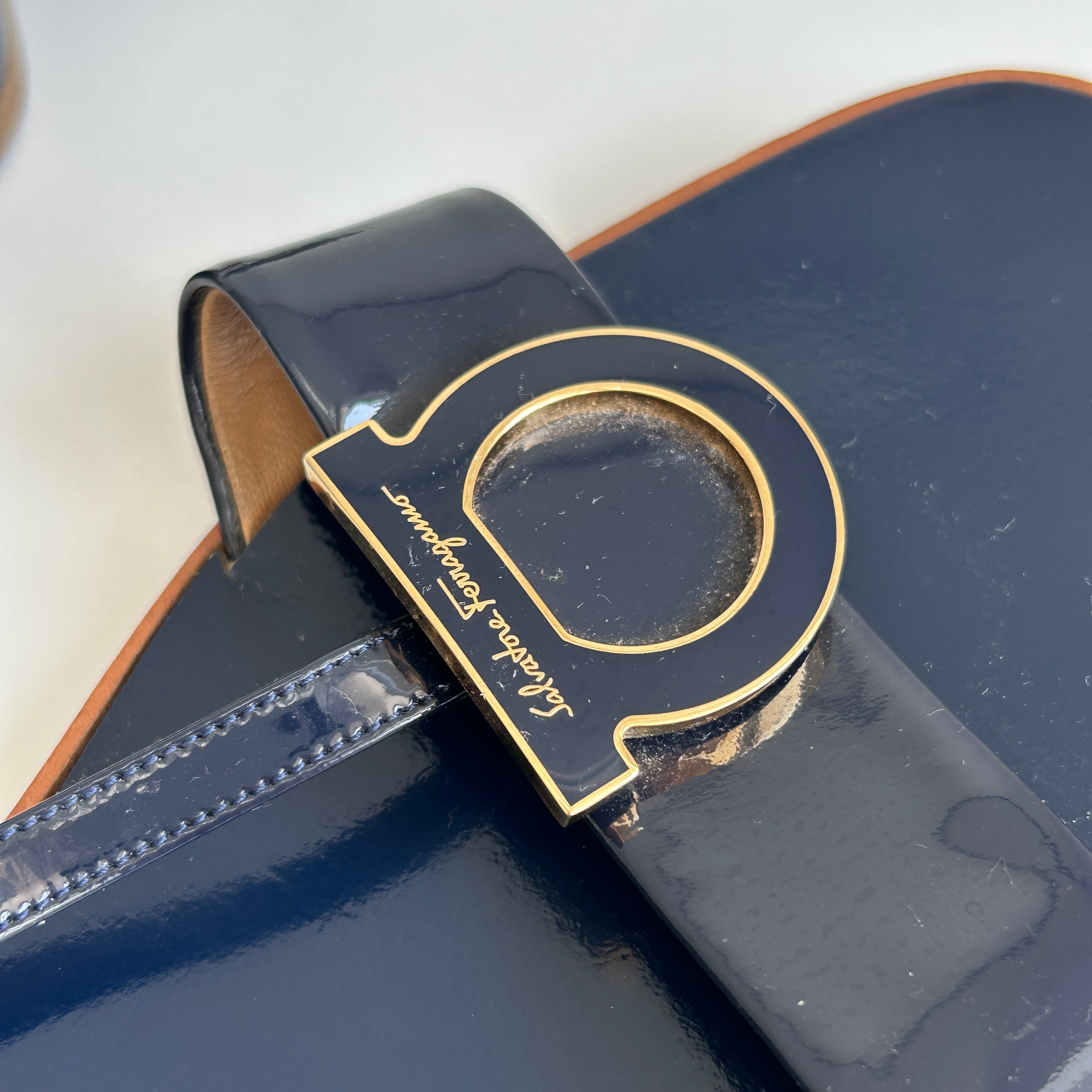 Navy Patent Leather Sling Back Block Heel Sandals