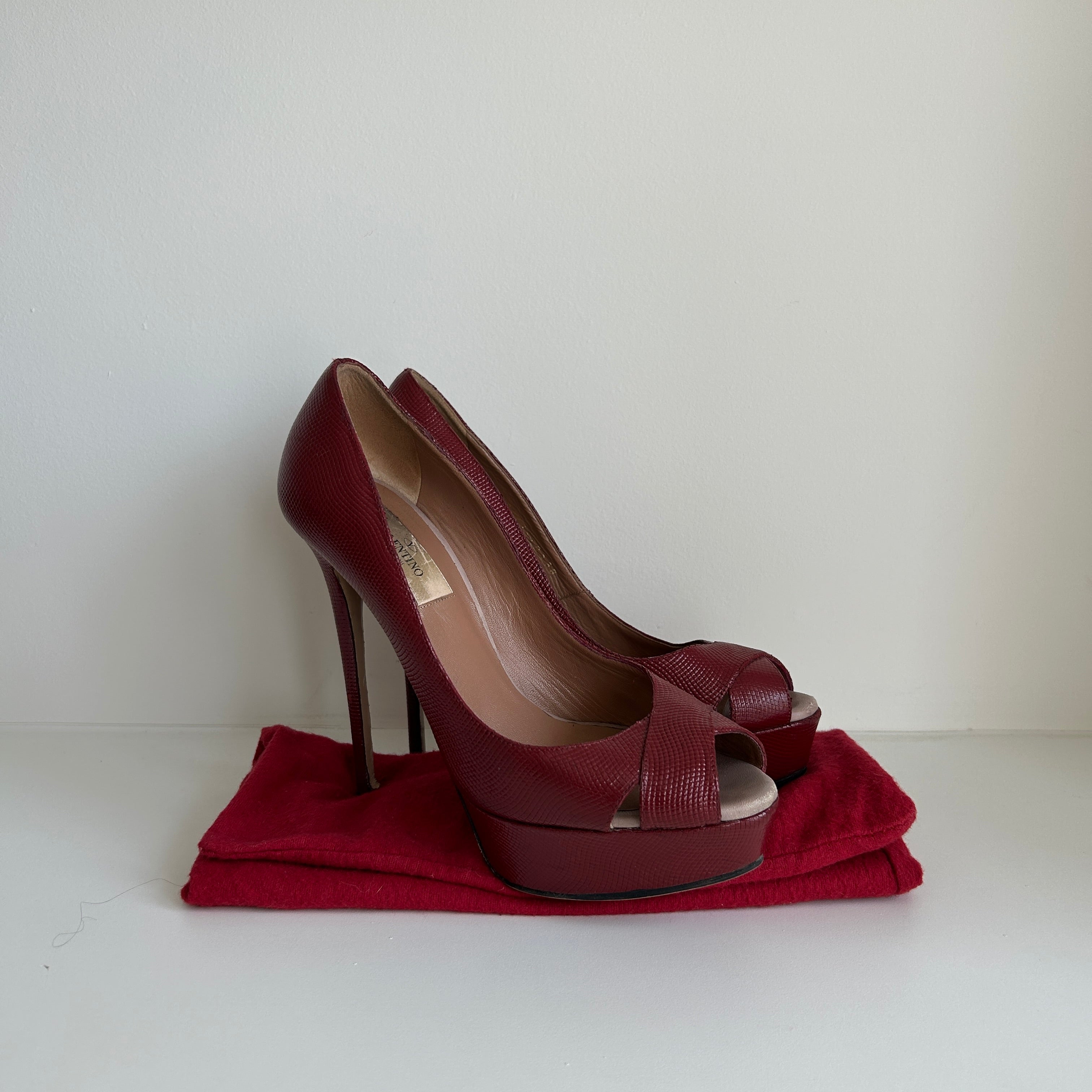 Burgundy Leather Peep Toe Pumps Heels
