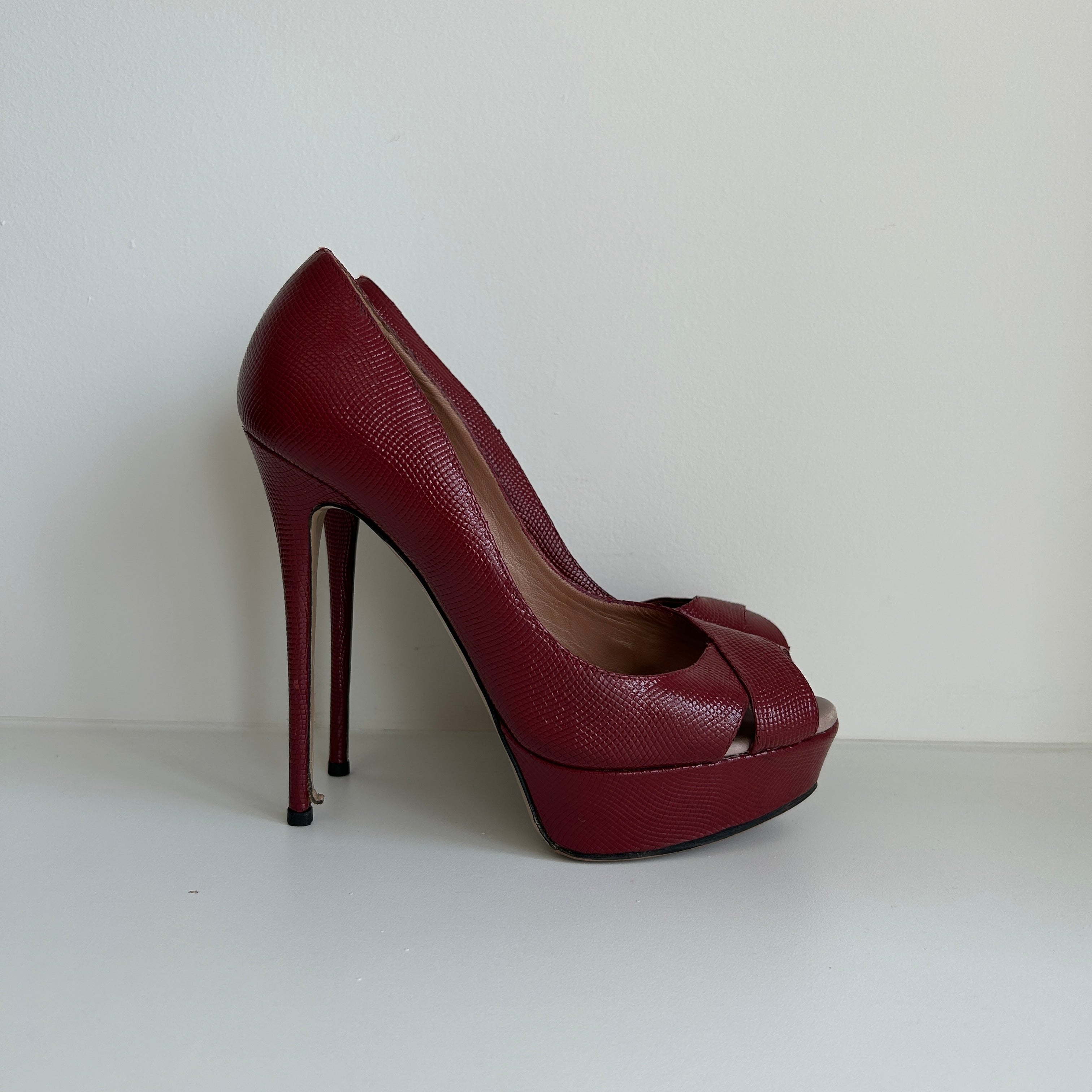 Burgundy Leather Peep Toe Pumps Heels
