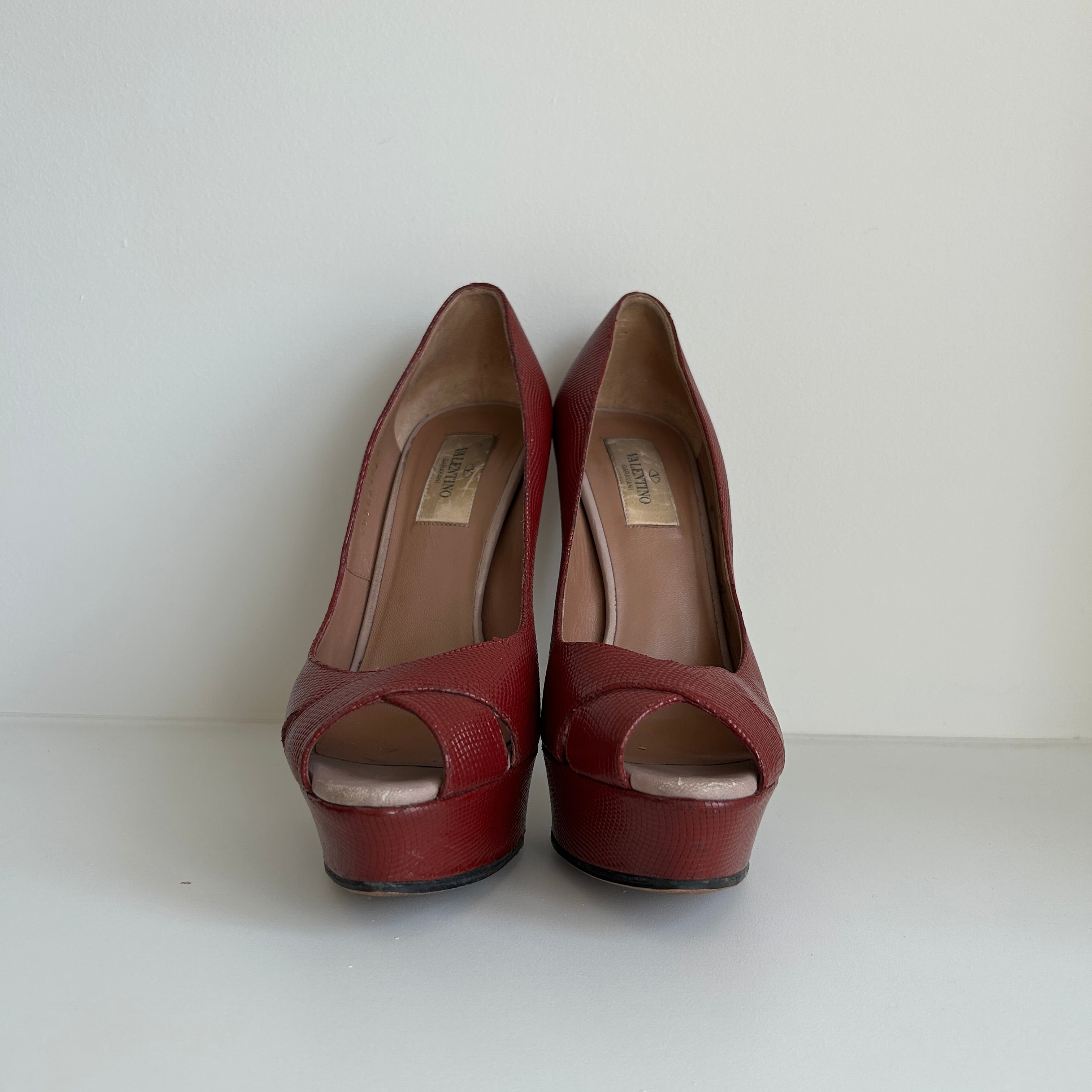 Burgundy Leather Peep Toe Pumps Heels