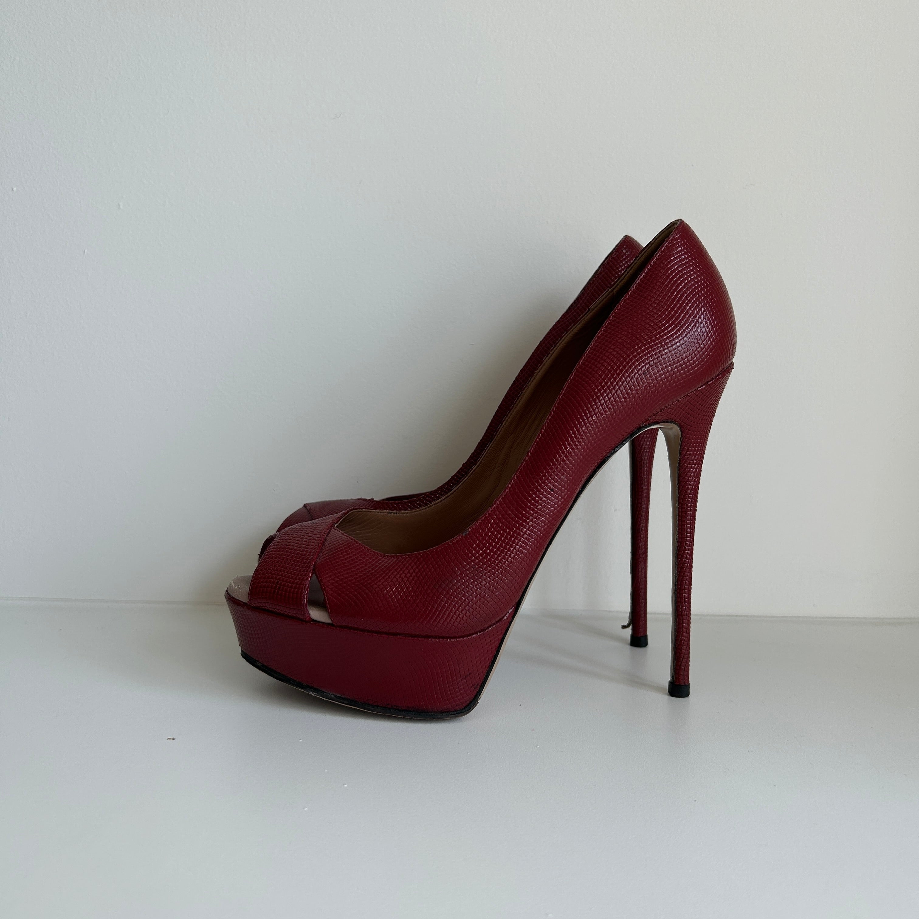 Burgundy Leather Peep Toe Pumps Heels
