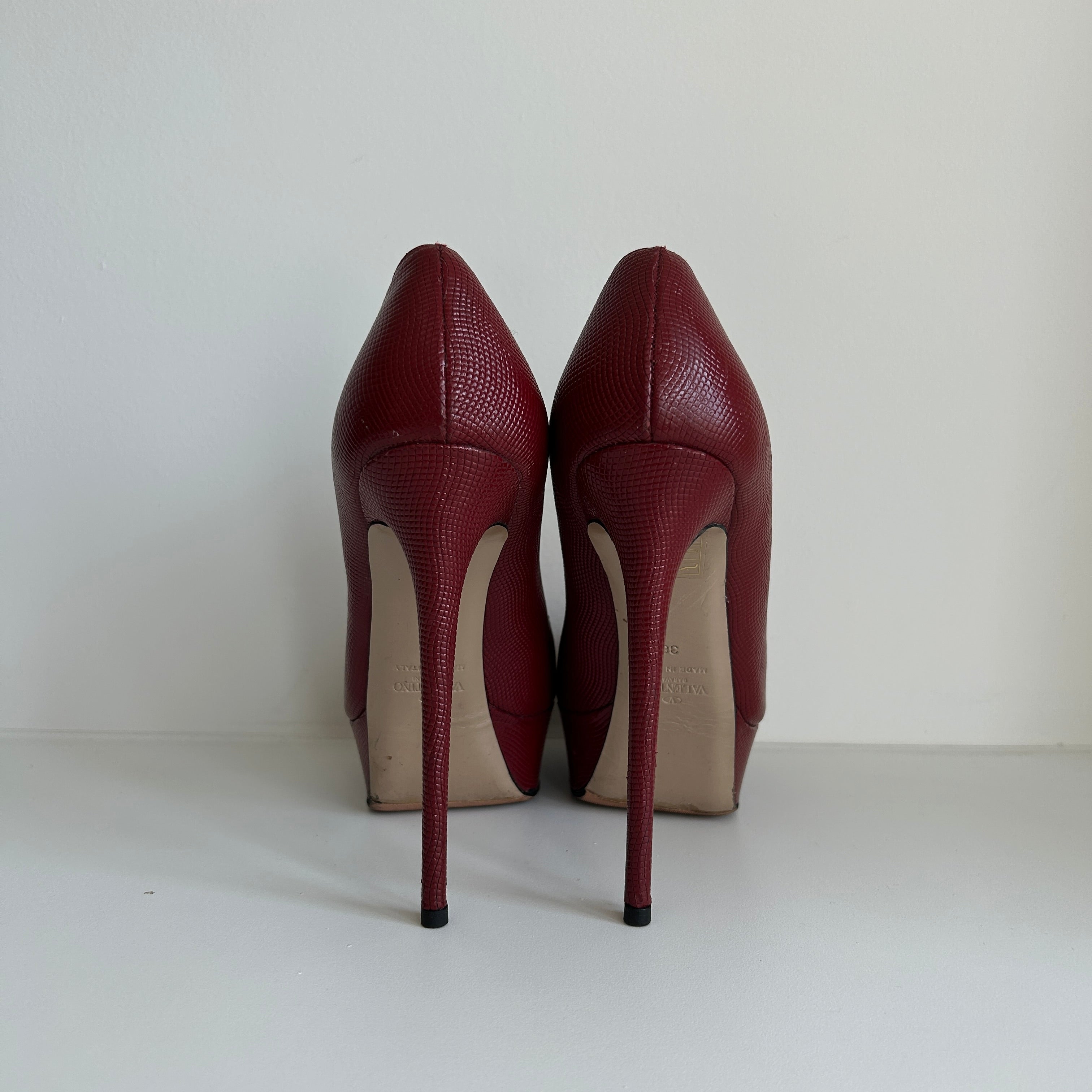 Burgundy Leather Peep Toe Pumps Heels