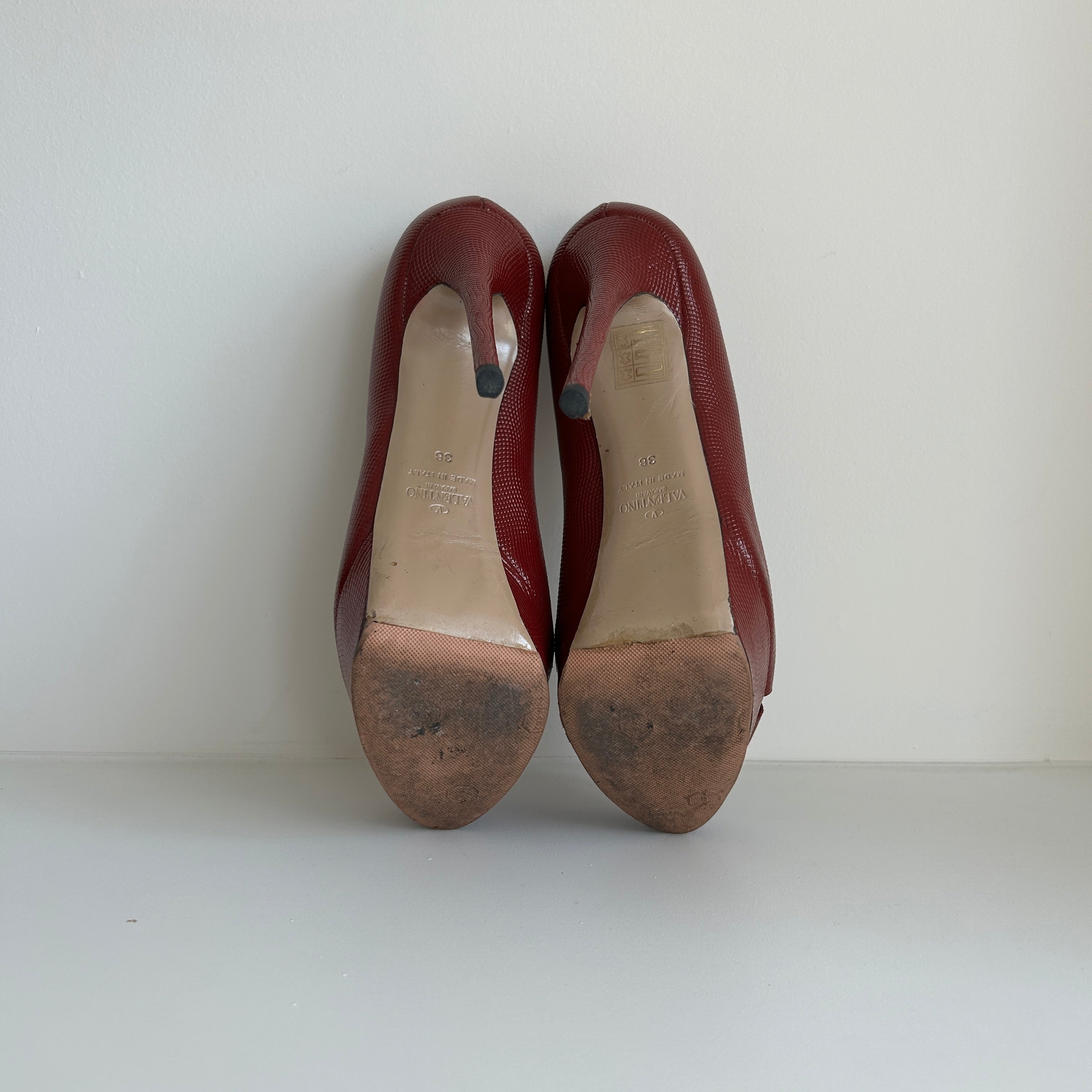 Burgundy Leather Peep Toe Pumps Heels