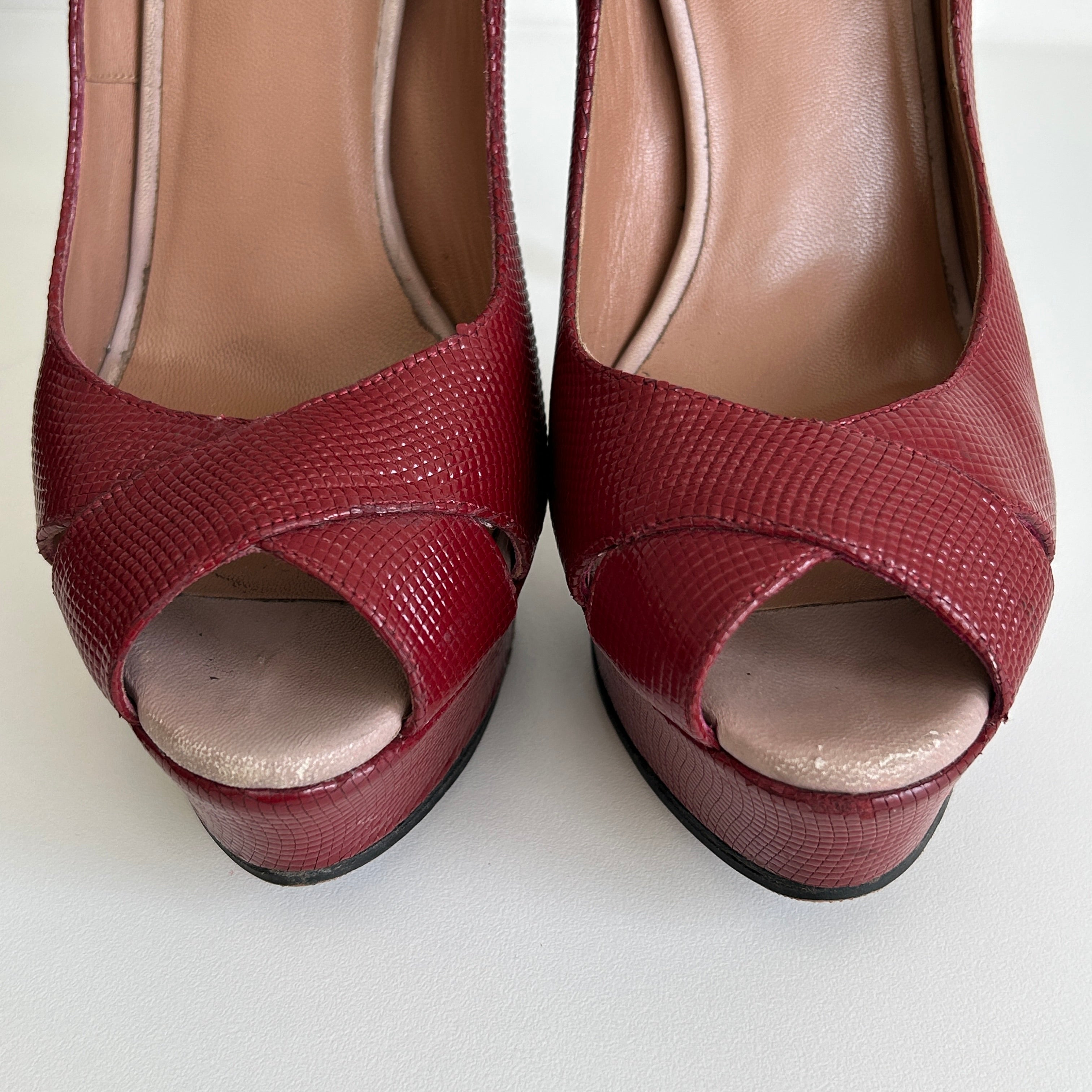 Burgundy Leather Peep Toe Pumps Heels