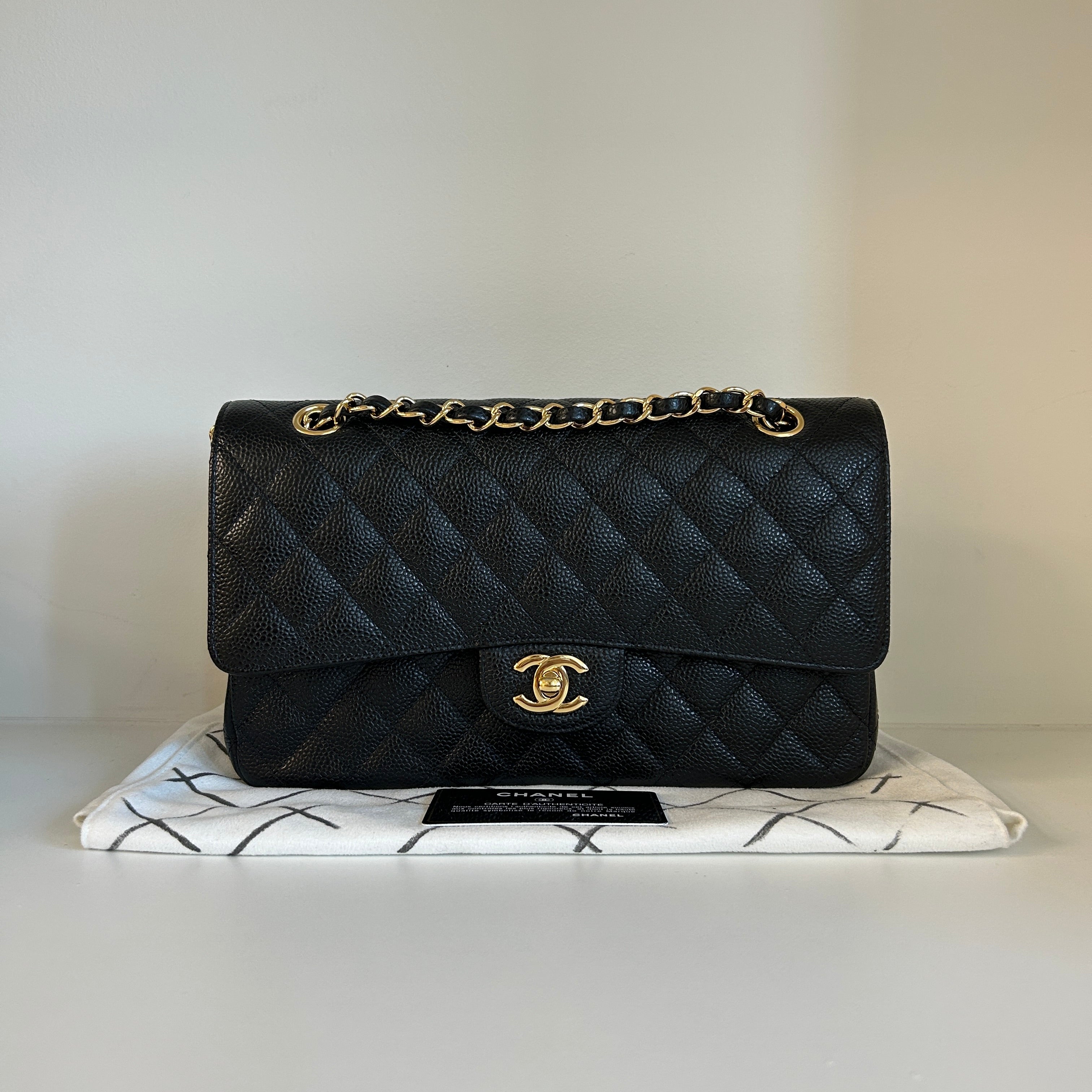 Black Caviar Quilted Medium Double Flap Classic Flap w/GHW