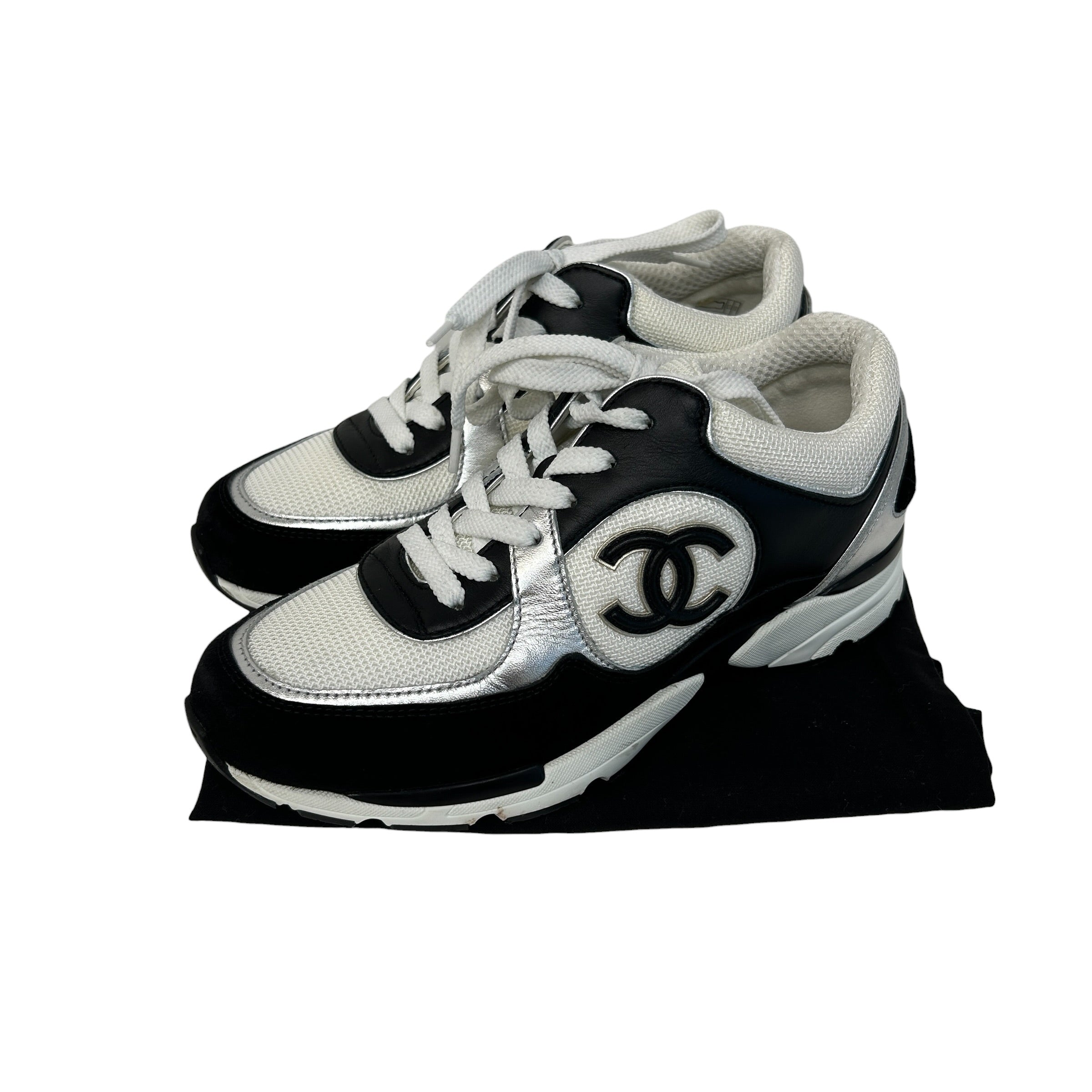 White/Silver/Black Mesh Suede Calfskin CC Sneakers - Haute Classics